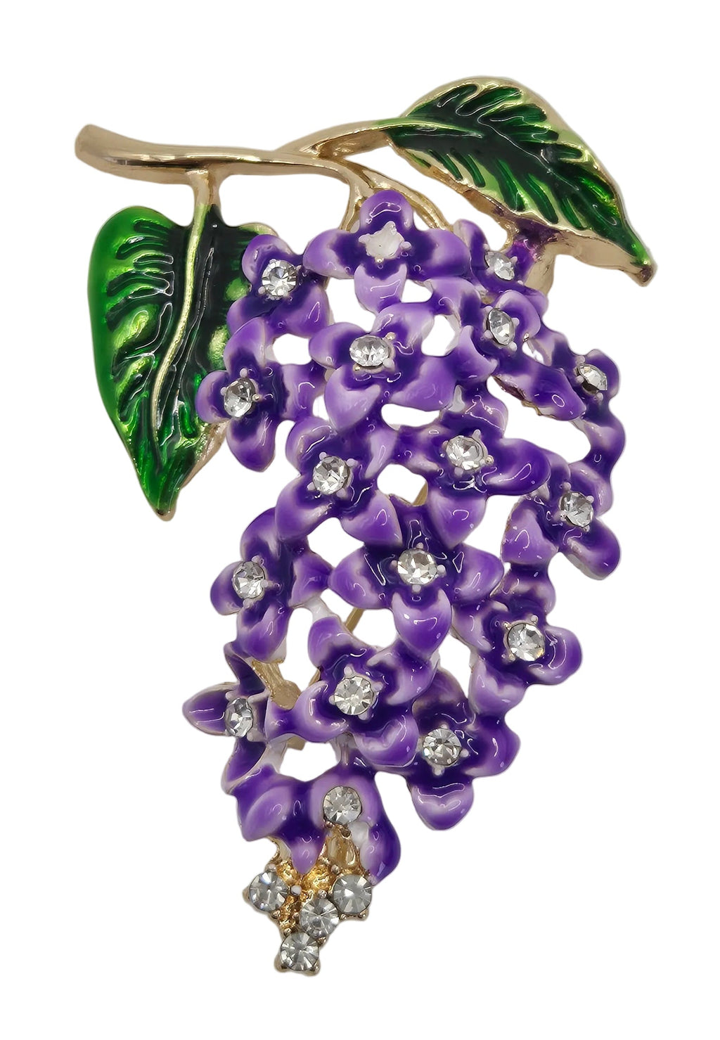 purple wisteria floral brooch with rhinestone detailing on a white background. close up shot