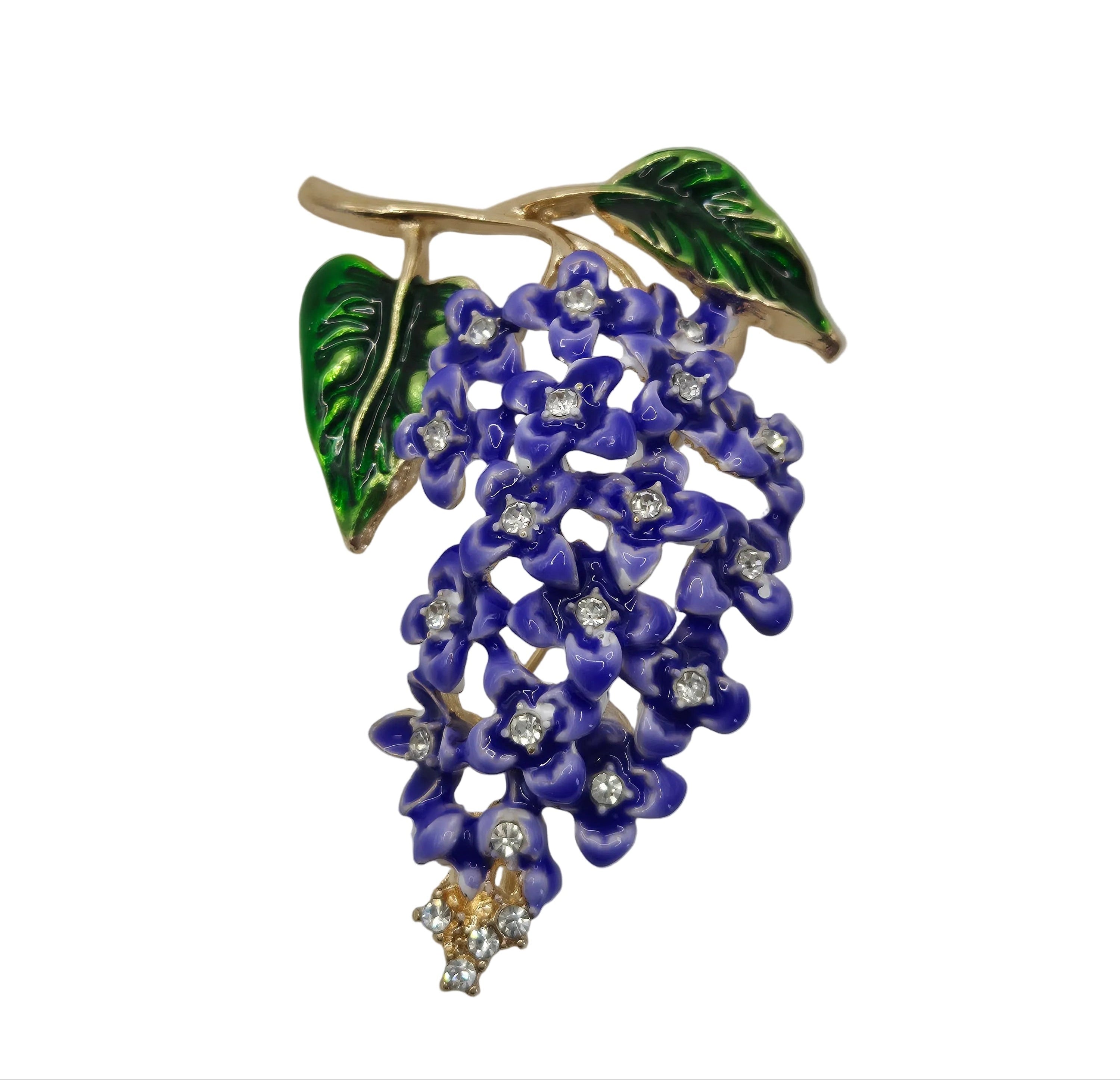 Blue wisteria floral brooch with rhinestone detailing on a white background