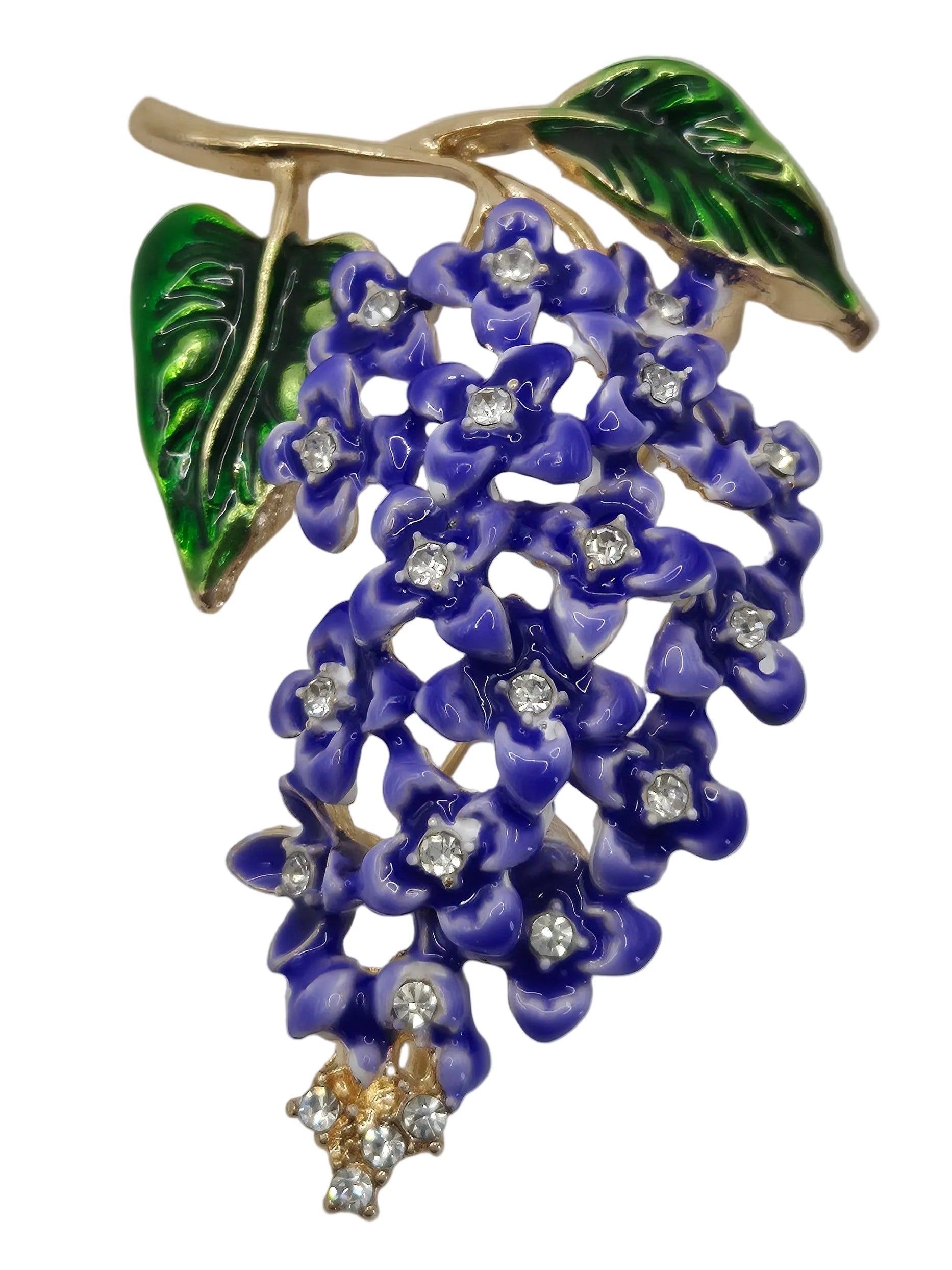 Blue wisteria floral brooch with rhinestone detailing on a white background