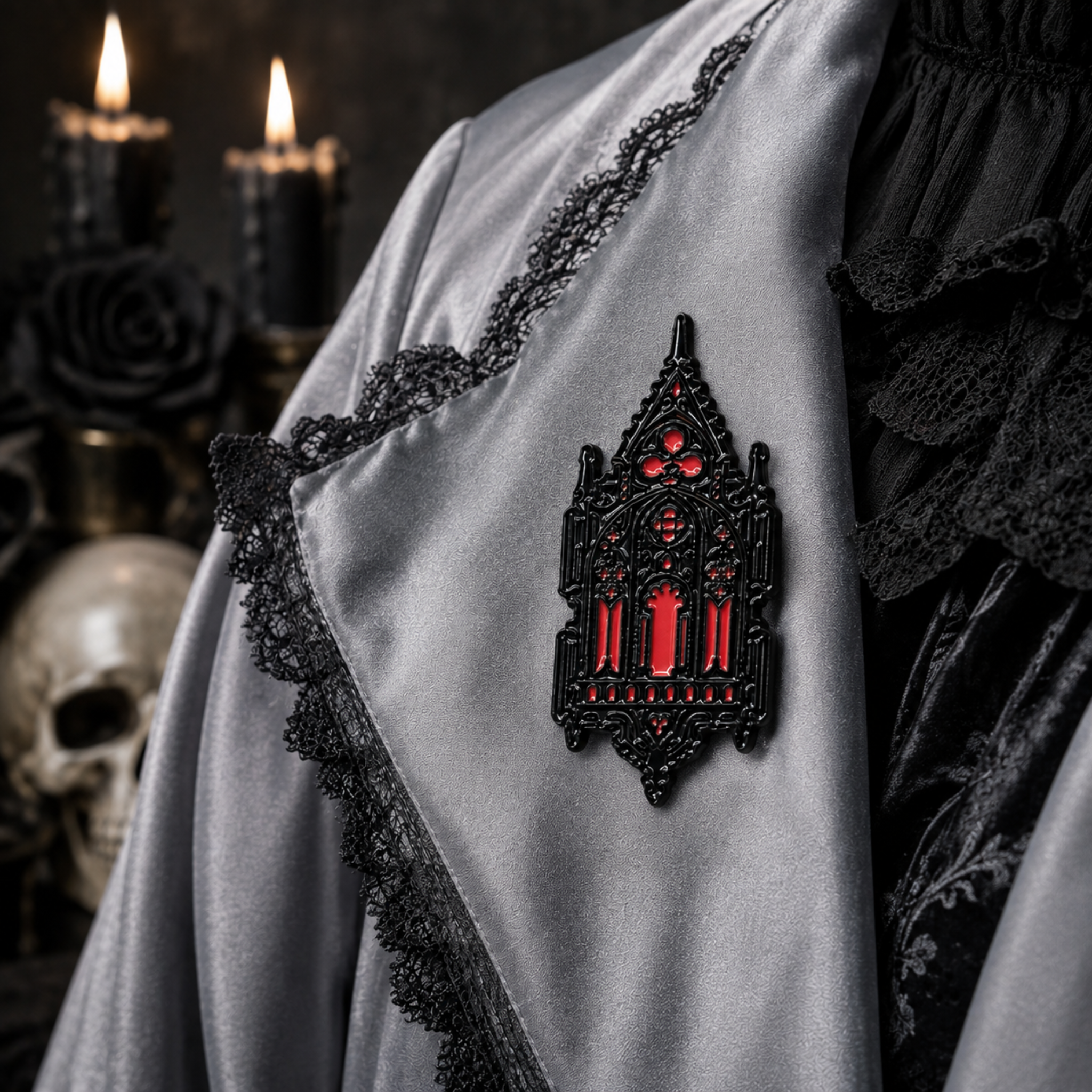 Black gothic cathedral brooch with deep red stained-glass style details, pinned to a silver-grey satin lapel trimmed with black lace. Set against a dramatic Halloween-inspired background with candlelight, dark roses and gothic décor.