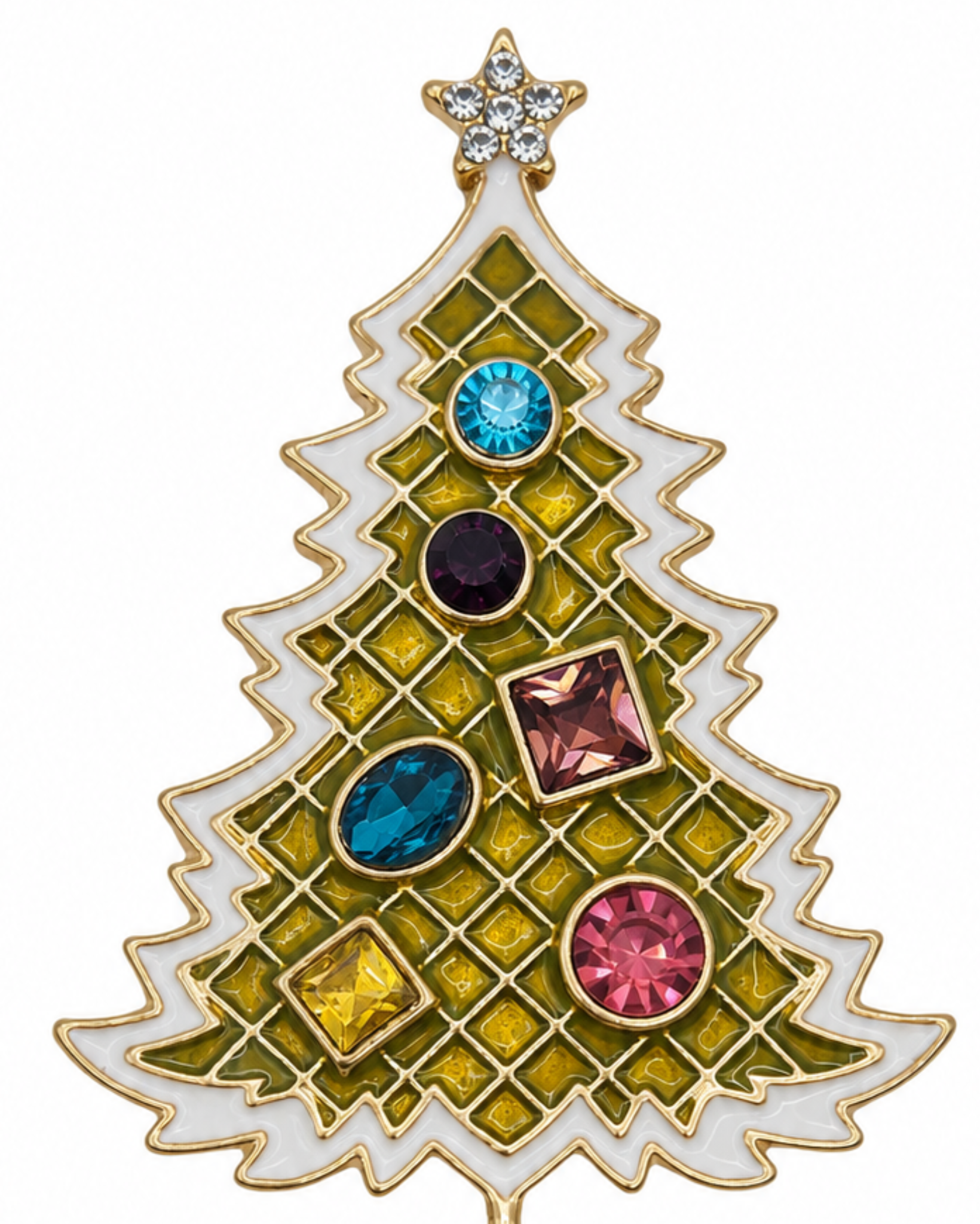 A Christmas tree-shaped brooch with a gold-tone frame, white enamel sections, yellow-green grid detailing, multicolored faceted gemstones, and a dangling gray pearl at the bottom, shown on a plain white background.