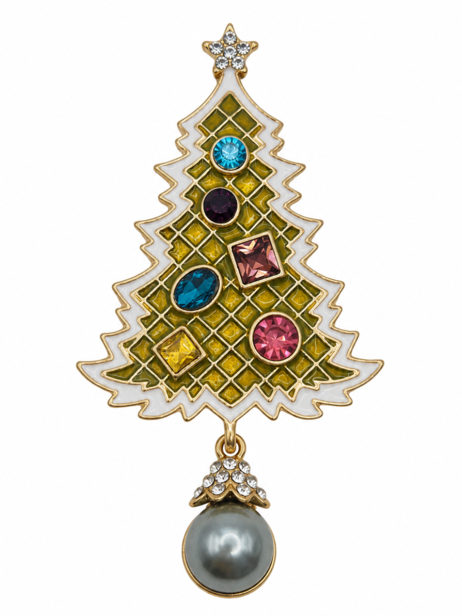 A gold Christmas tree-shaped brooch with white enamel, yellow-green crystal accents, colorful rhinestones, and a dangling gray pearl on a white background.
