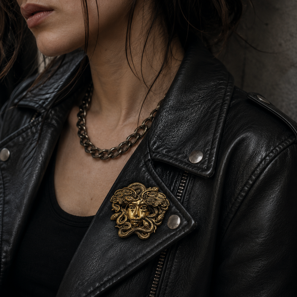 Close-up of a person wearing a black leather moto jacket with a large gold-tone Medusa head brooch pinned near the chest, along with a chunky chain necklace.