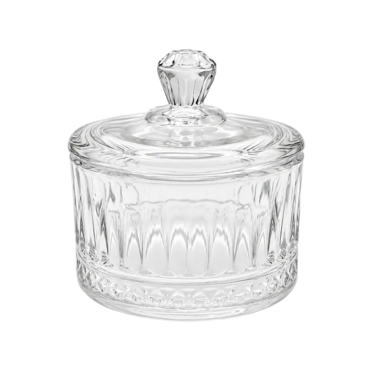 Clear glass lidded jar with a faceted knob top and vertical ribbed detailing, shown on a white background.
