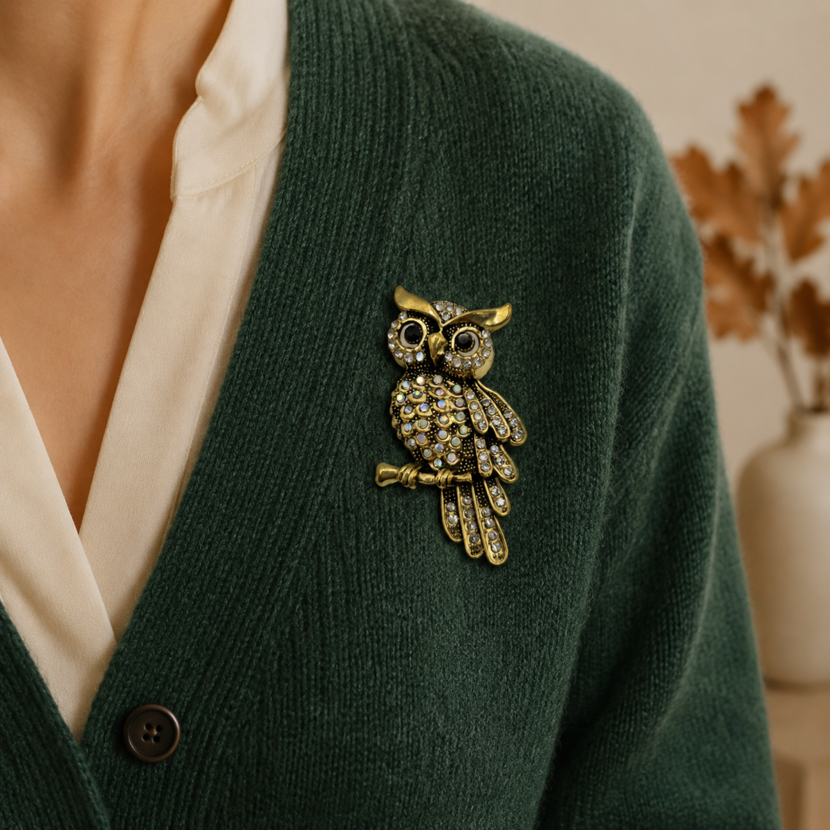 A gold-toned owl brooch embellished with clear rhinestones, pinned to the chest of a dark green knit cardigan worn over a cream blouse.