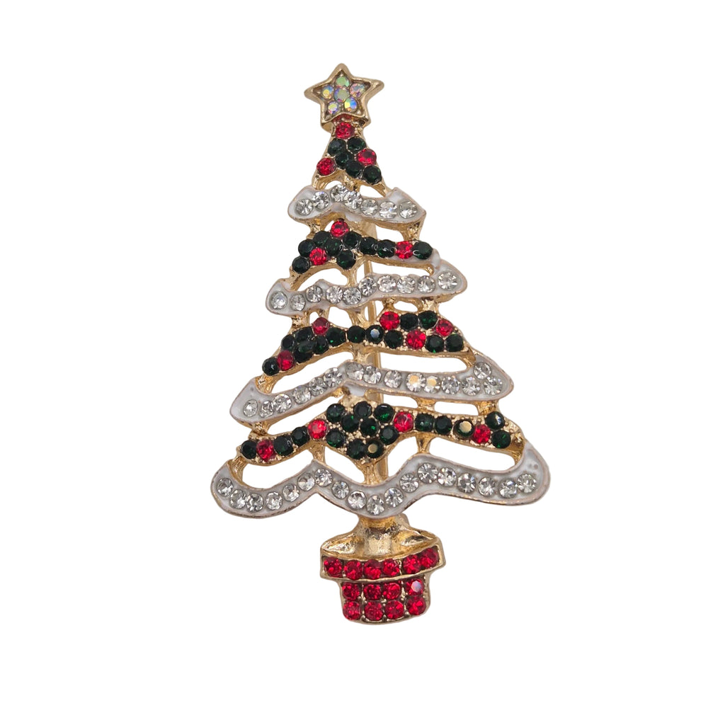 A gold Christmas tree brooch decorated with clear rhinestones, black and red rhinestones, and a small gold star on top, set against a plain white background.
