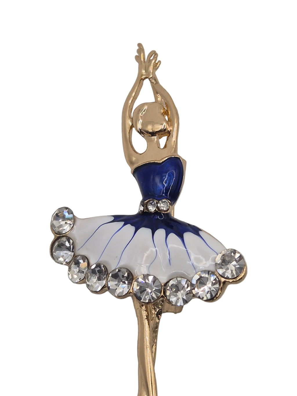 dancing figure brooch with rhinestone detail in blue and white