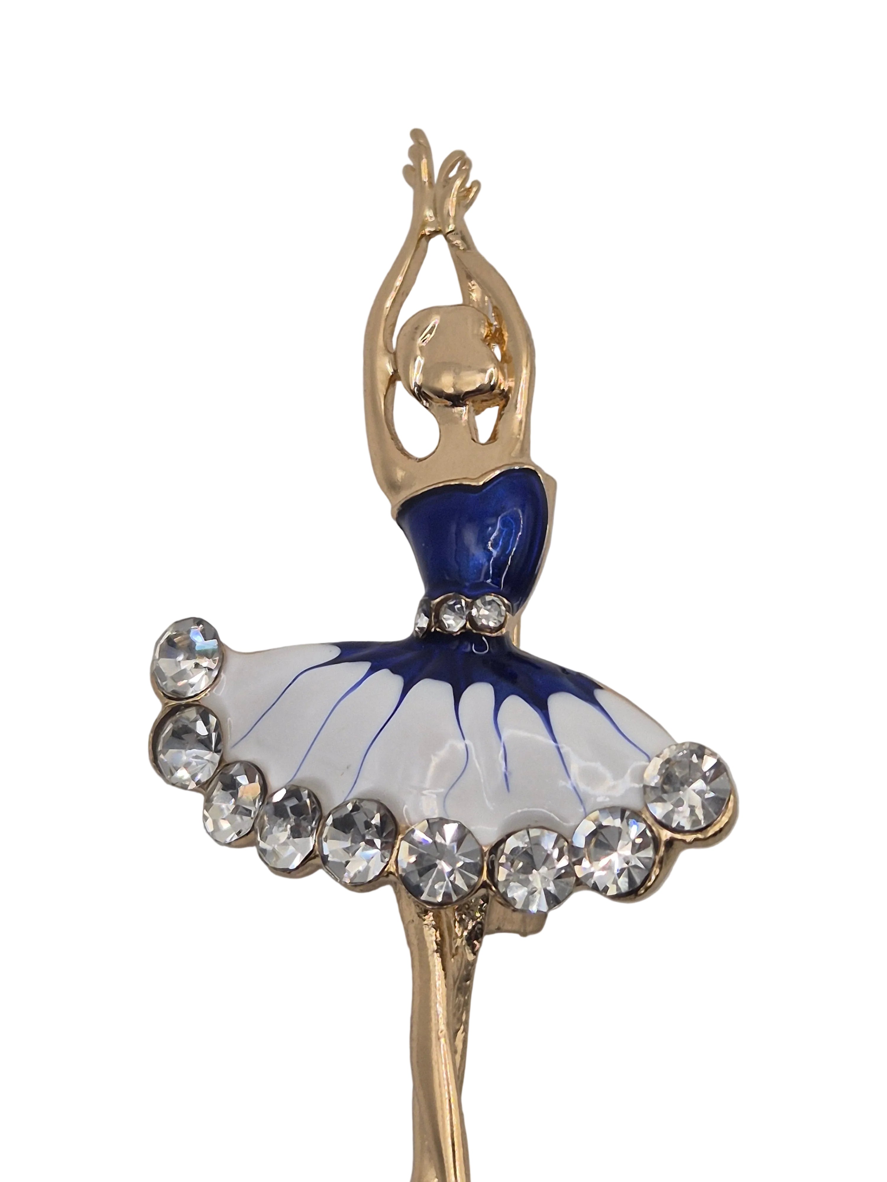 dancing figure brooch with rhinestone detail in blue and white