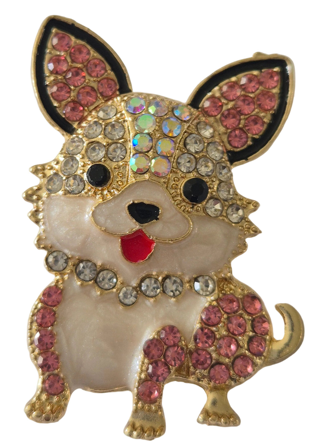 Decorative dog brooch with pink and gold accents on a white background