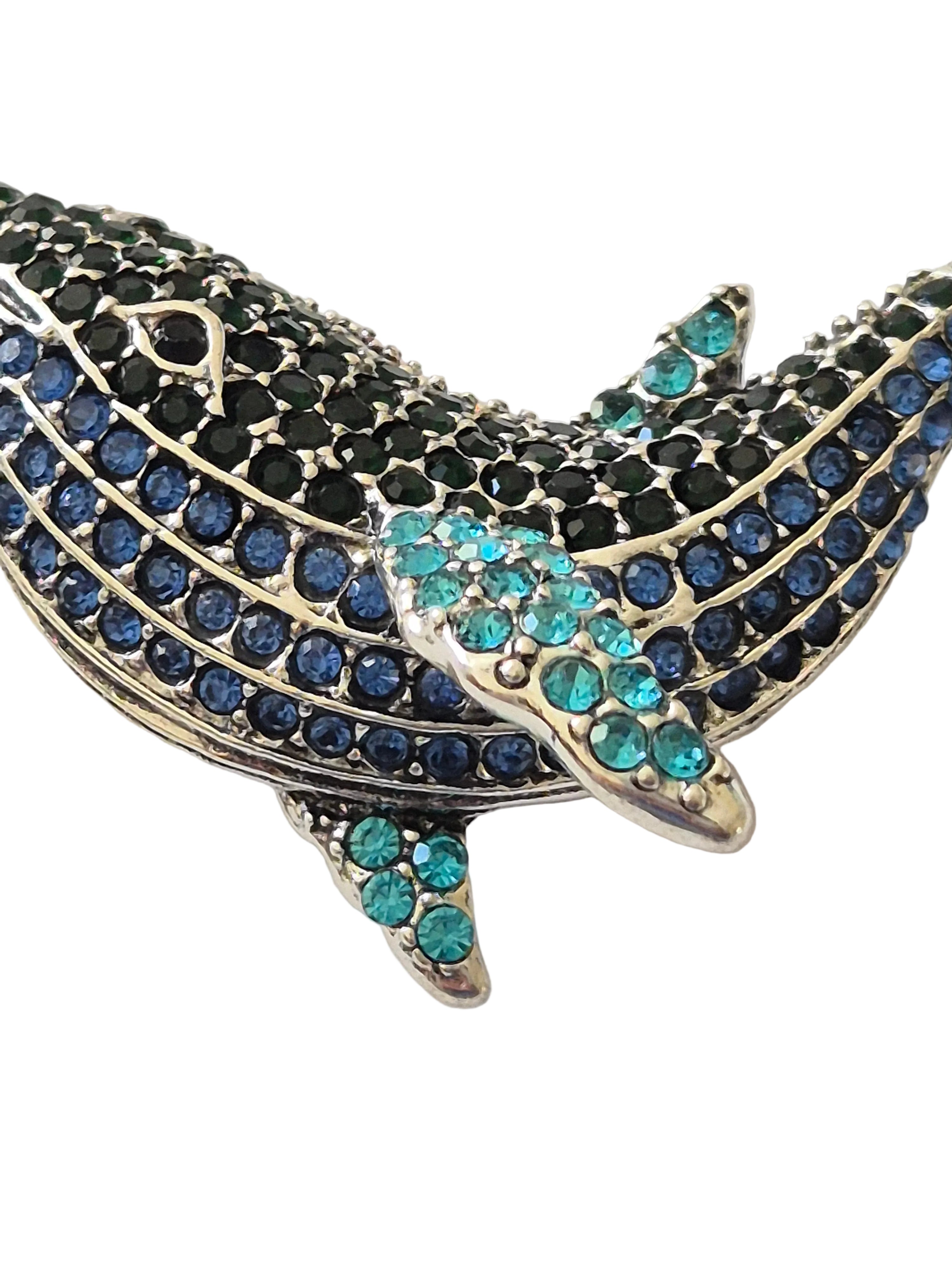 Blue and silver rhinestone whale brooch