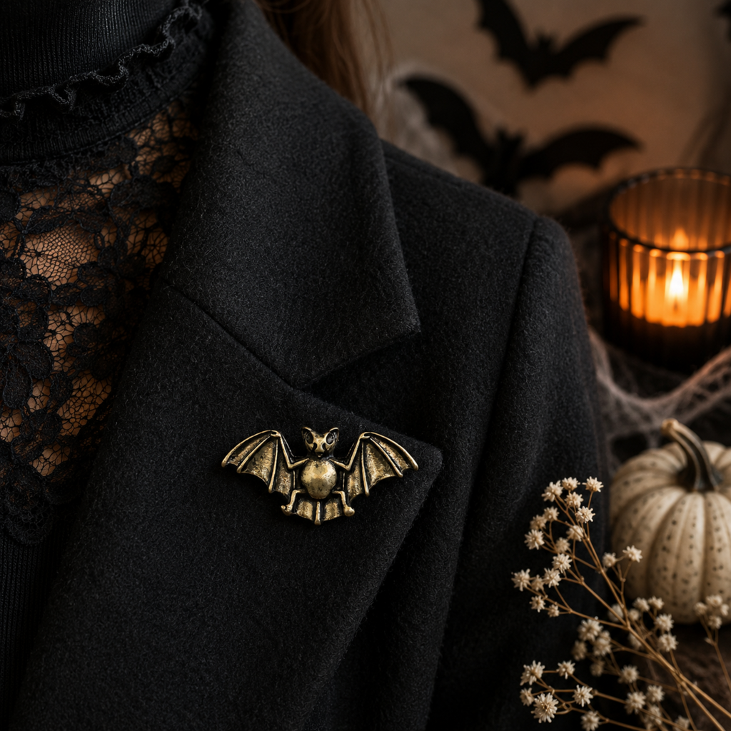 A close-up of a person wearing a black coat over a black lace top, with a small bat-shaped brooch pinned to the lapel. The background is dark and moody, with a lit candle, dried flowers, a small pumpkin, and bat silhouettes.