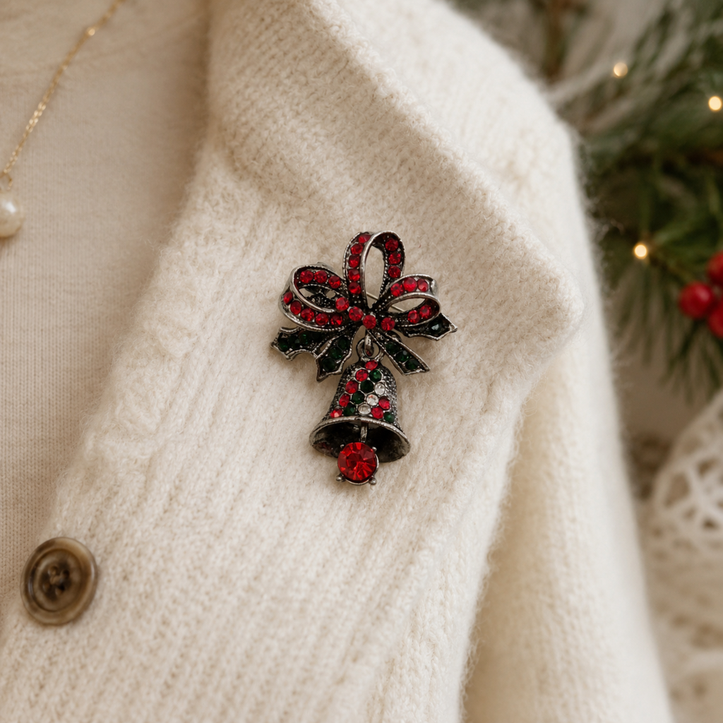 A Christmas-themed brooch shaped like a bell tied with a bow, decorated with red and black rhinestones, pinned onto a cream-colored knit cardigan.