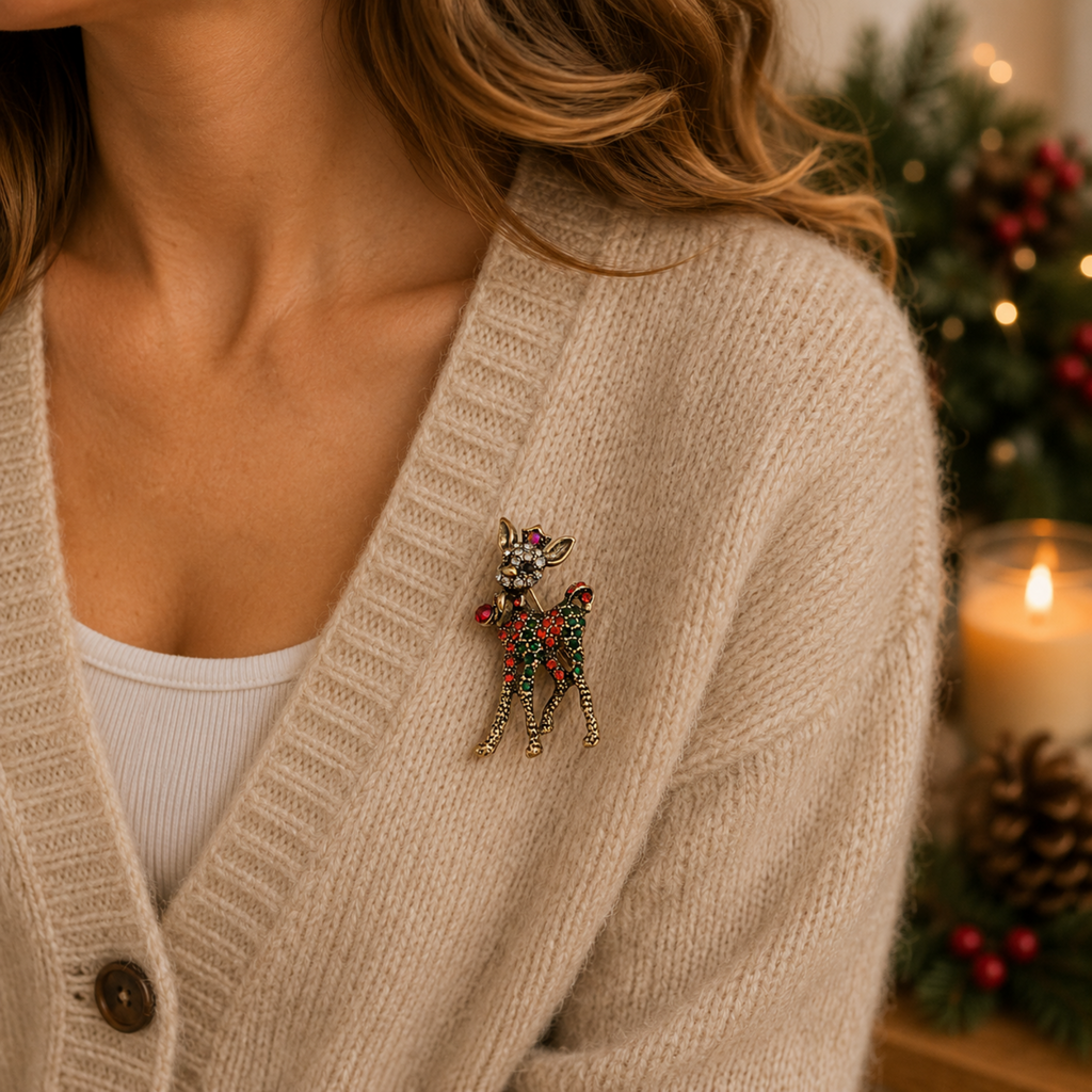 A close-up of a woman wearing a beige knit cardigan over a white top, featuring a decorative Christmas reindeer brooch embellished with red and green rhinestones on a gold-tone metal.