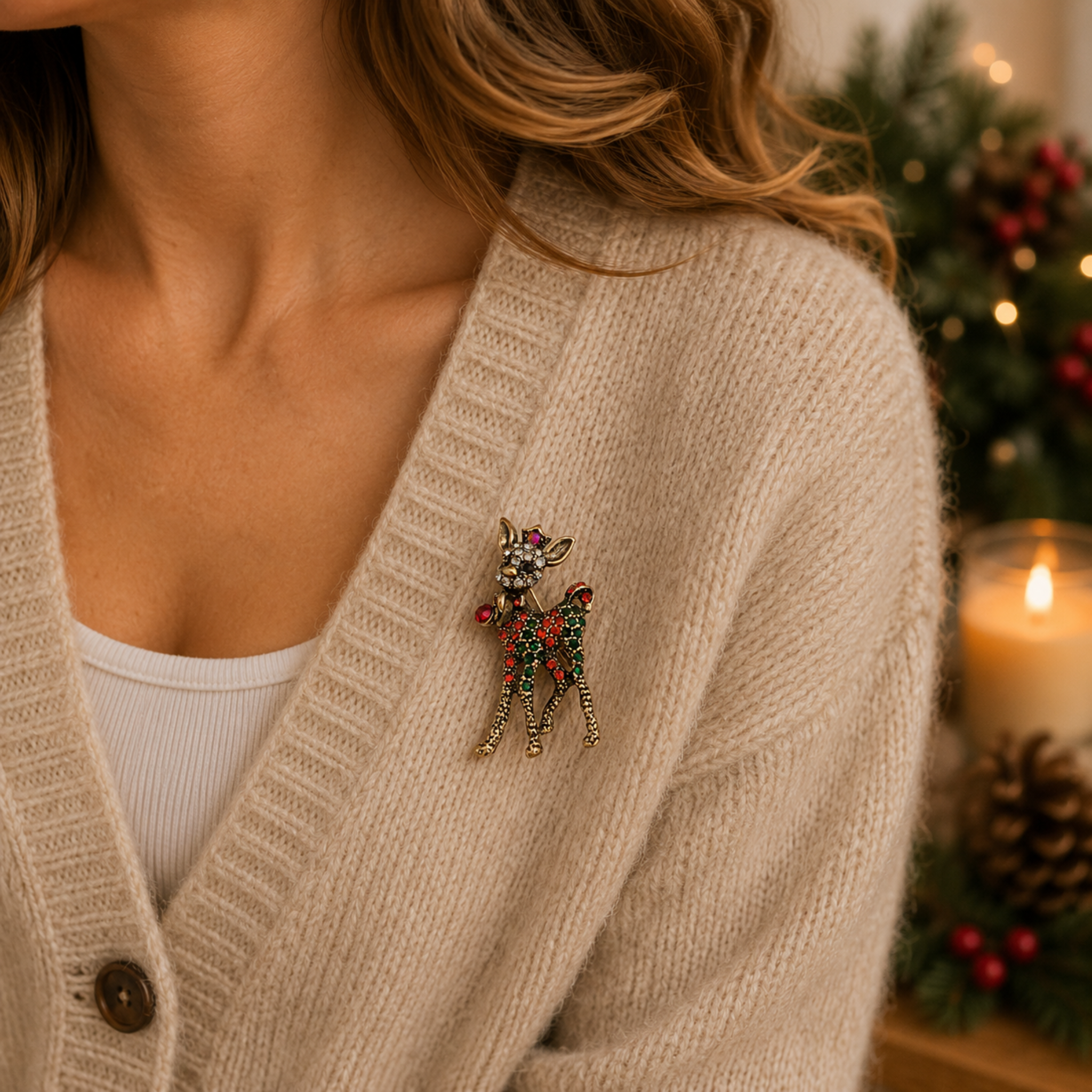 A close-up of a woman wearing a beige knit cardigan over a white top, featuring a decorative Christmas reindeer brooch embellished with red and green rhinestones on a gold-tone metal.
