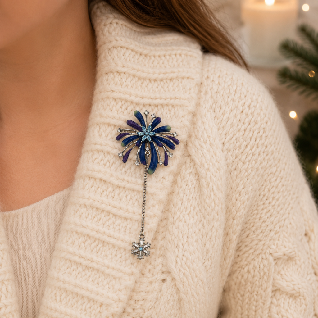 A close-up of a person wearing a cream cable-knit sweater and a blue firework shaped brooch with a dangling silver chain and snowflake charm.