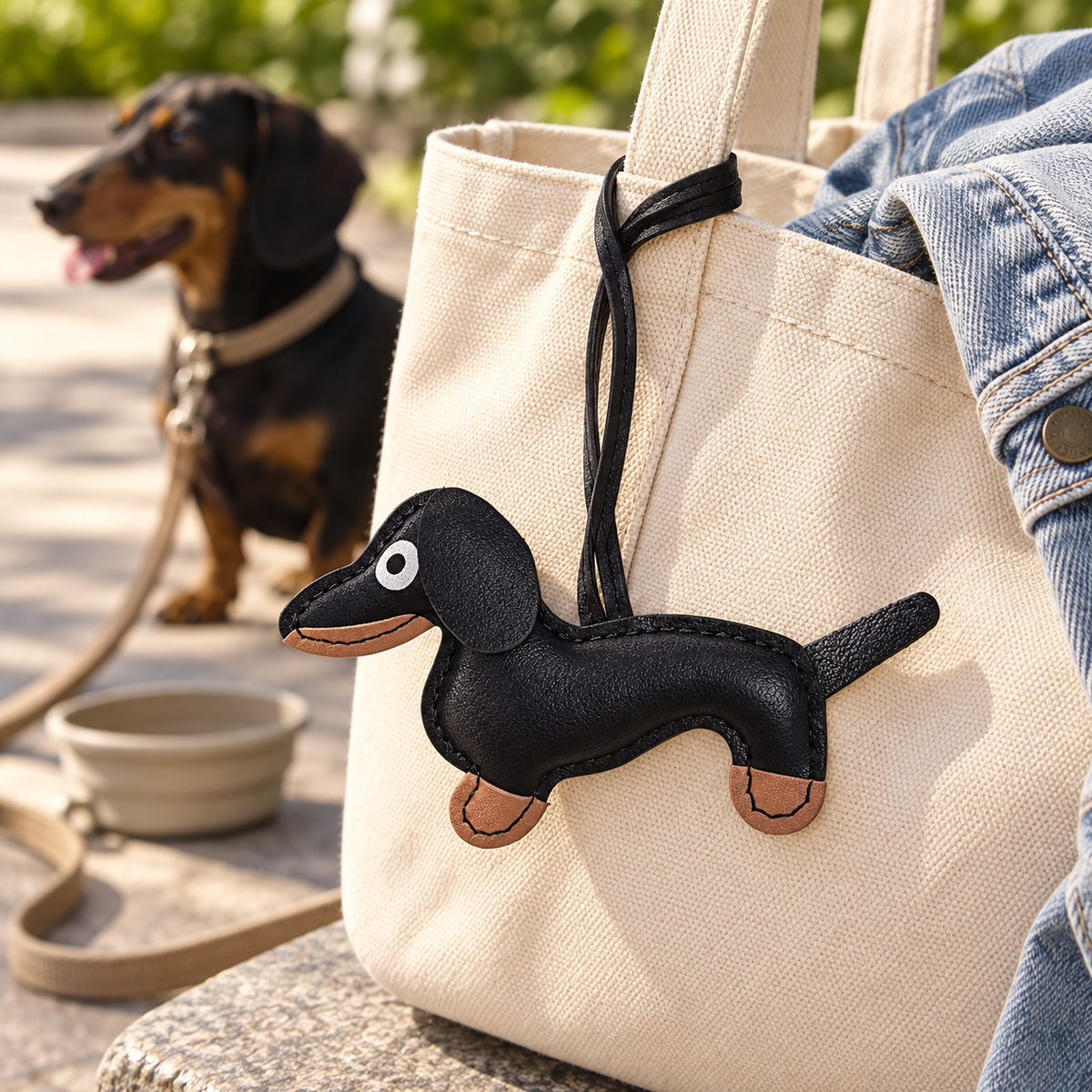 Black dachshund bag charm with tan paws hanging by its attached loop from a cream canvas tote, with a dachshund softly blurred in the background.