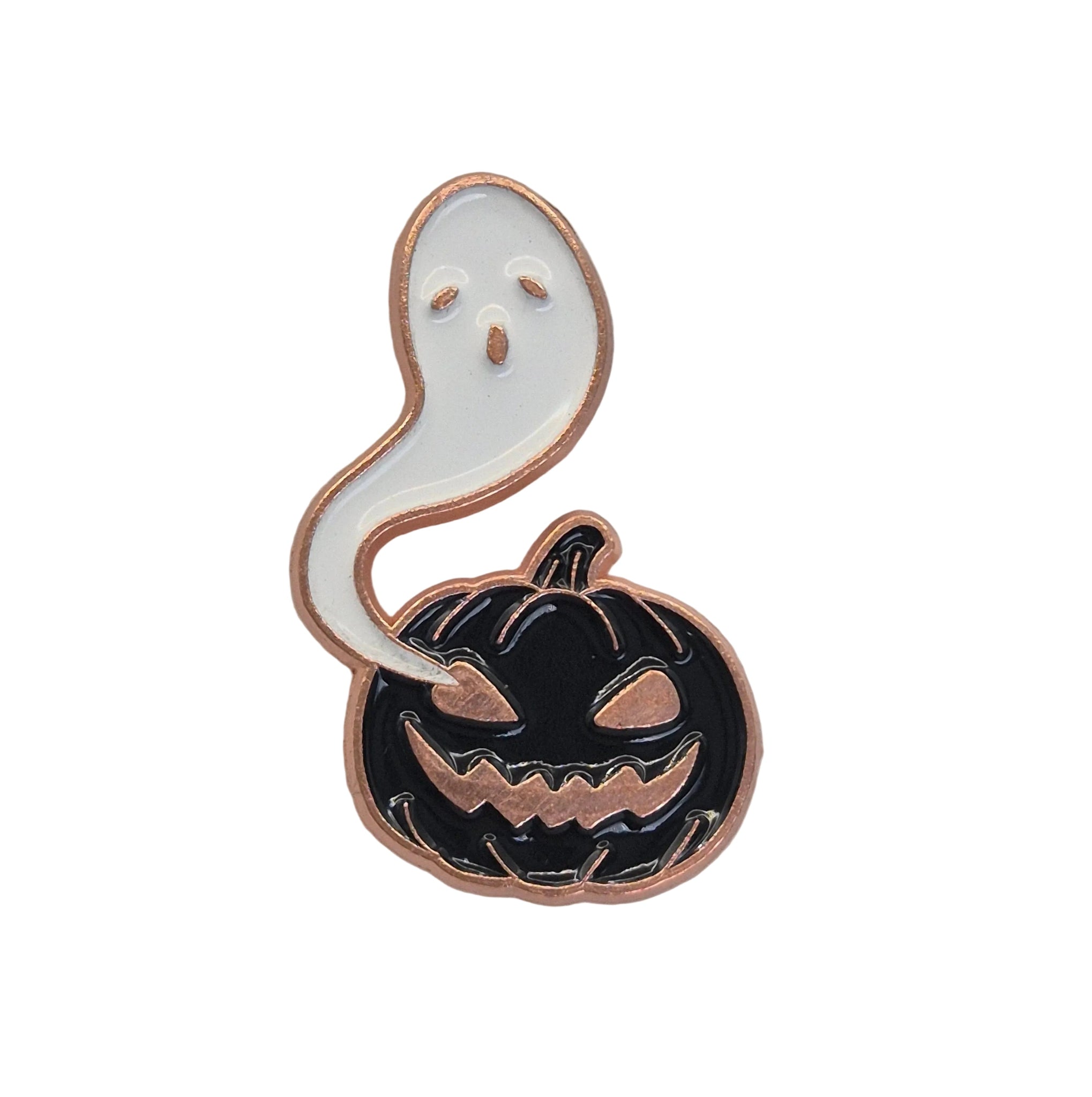 A Halloween-themed enamel pin featuring a white ghost with a black outline and a black pumpkin with a rose gold outline, displayed on a white background.