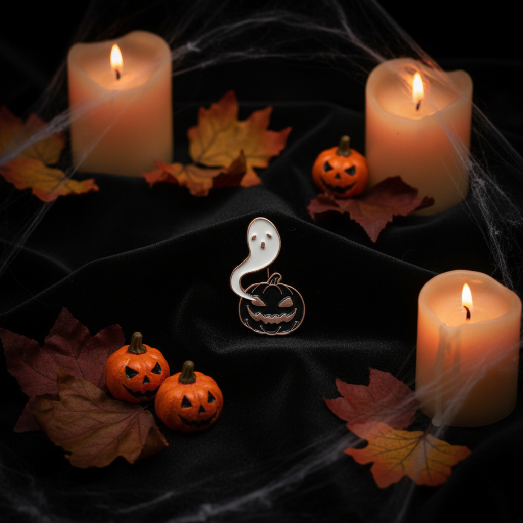 A Halloween-themed enamel pin shaped like a ghostly head above a carved jack-o'-lantern, displayed on black satin fabric surrounded by lit candles, spiderwebs, and small jack-o'-lanterns.