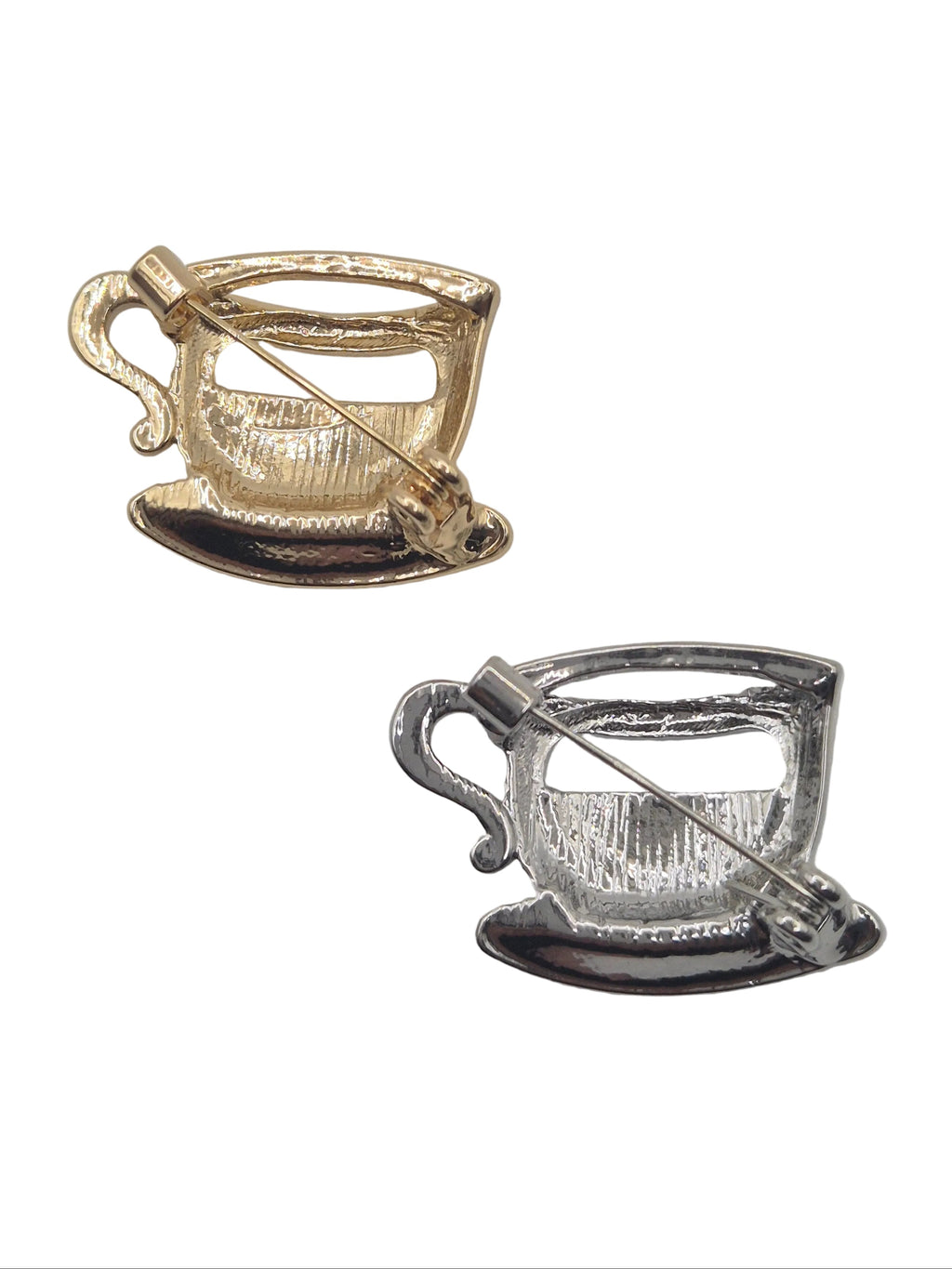 Gold and silver coffee cup brooches reverse side