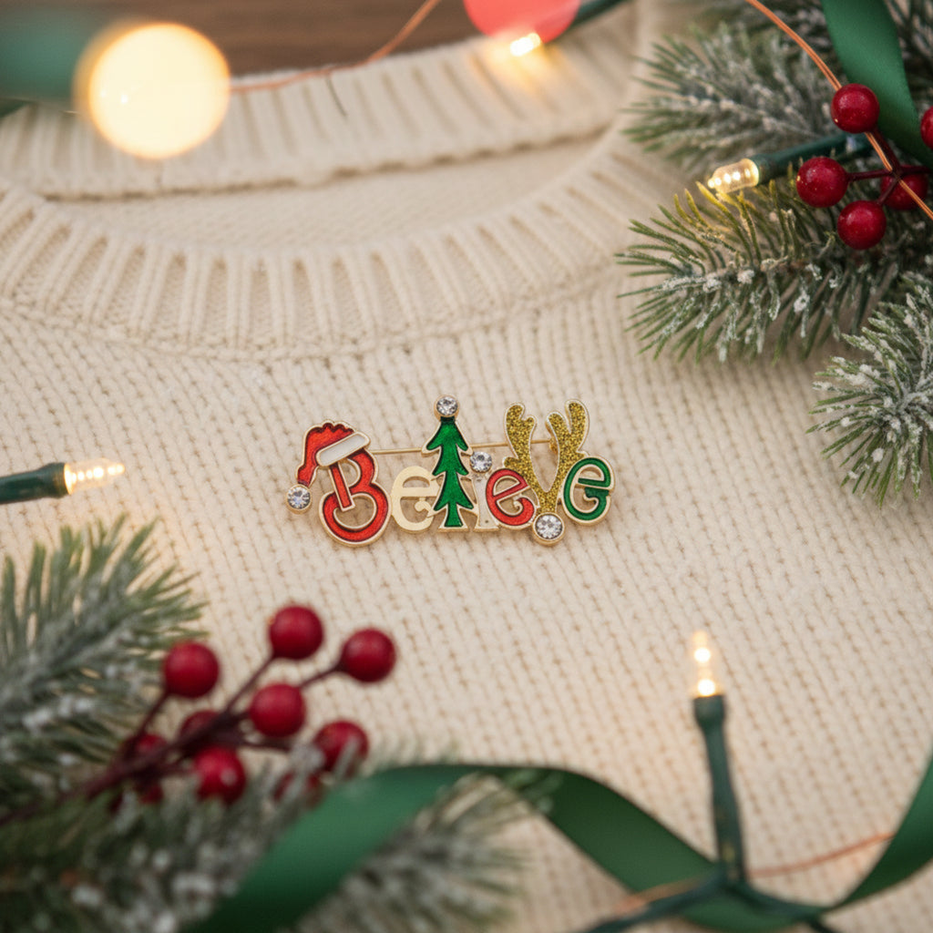 A festive enamel pin spelling out 'Believe' with Christmas-themed accents, including a red Santa hat, green tree, and gold reindeer antlers, on a light gray background.