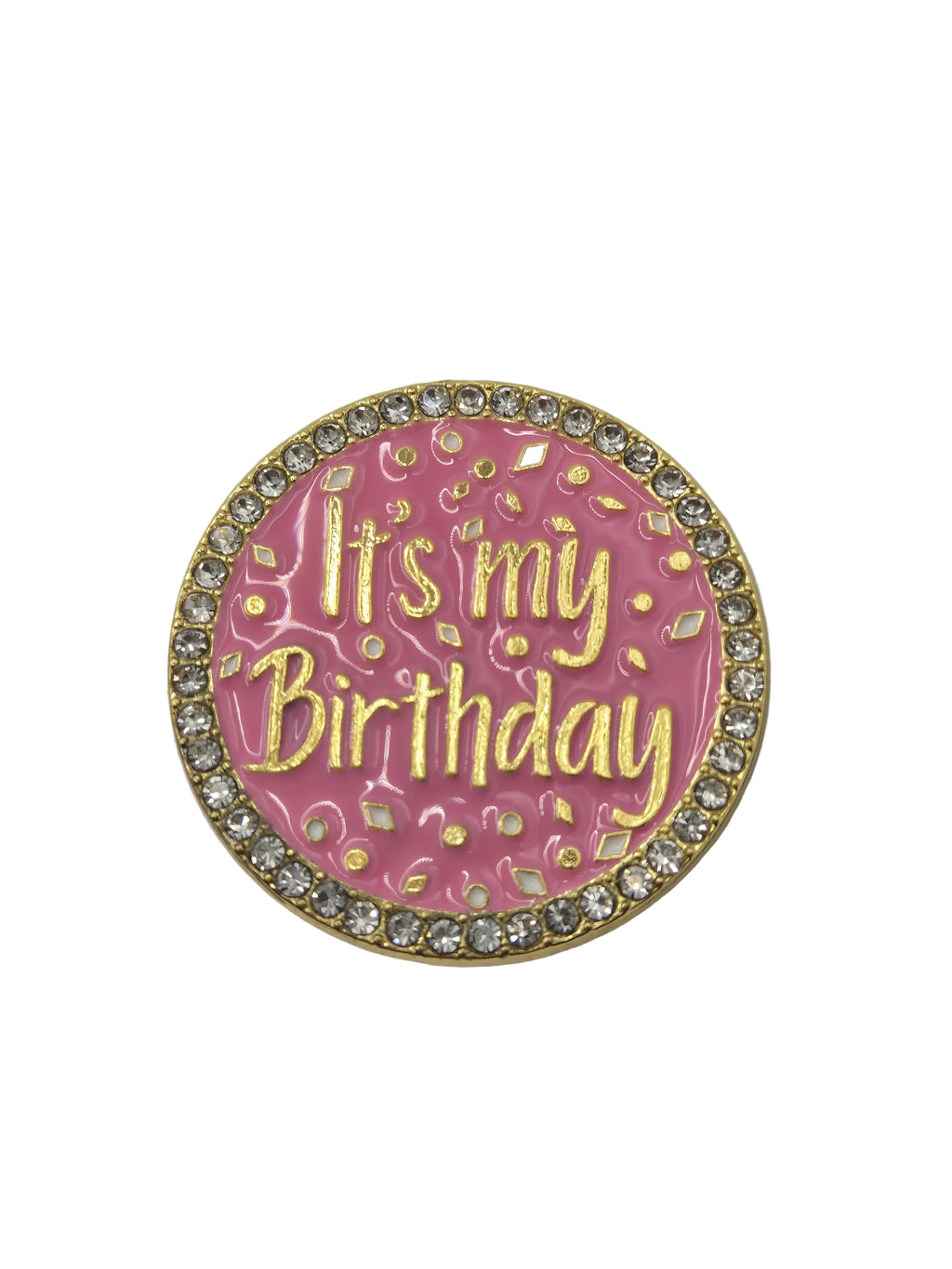 Pink and gold round badge with 'It's my Birthday' text on a gray background
