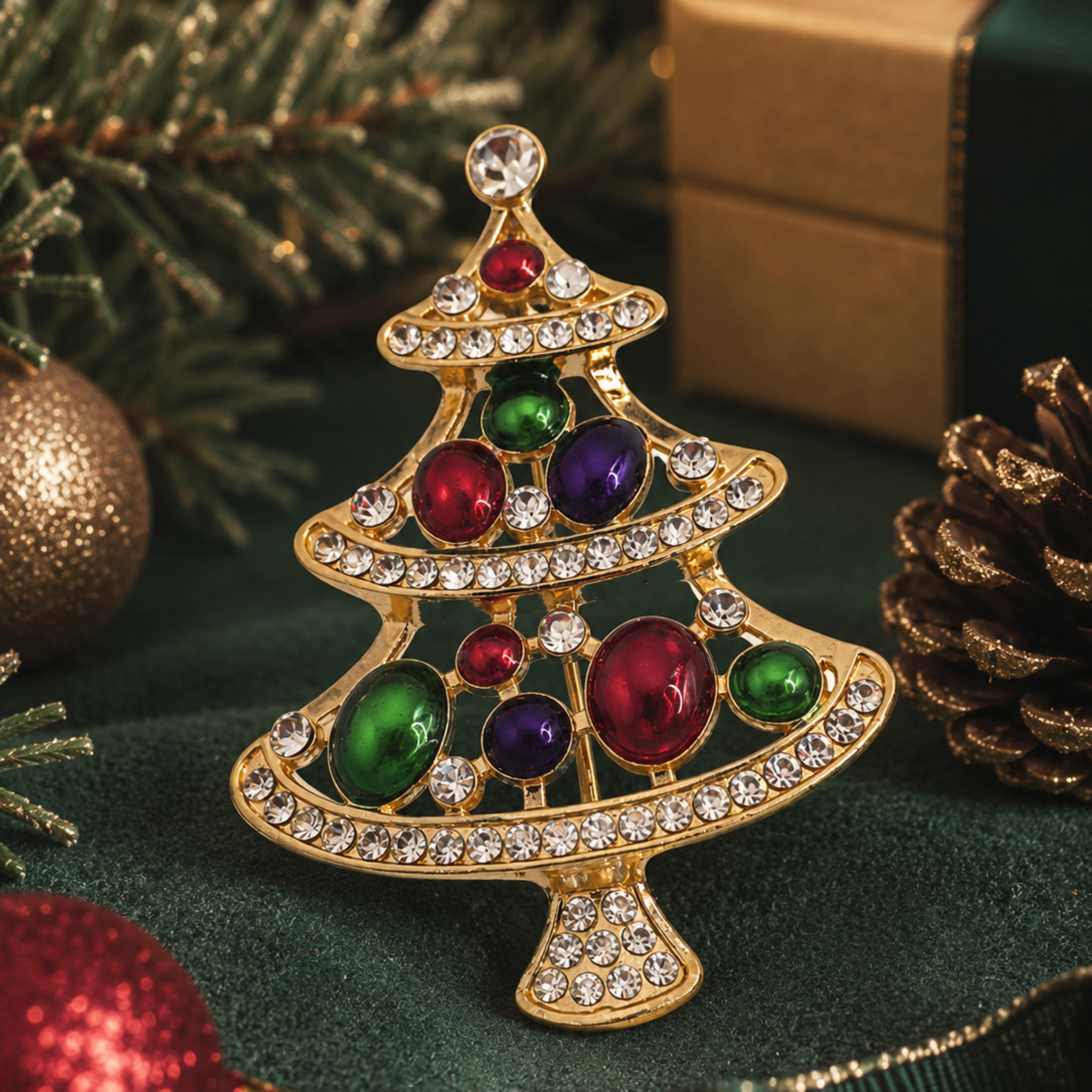 Gold Christmas tree brooch with colourful red, green and purple stones and sparkling clear crystals, displayed in an elegant festive setting with greenery, baubles and warm Christmas lights.