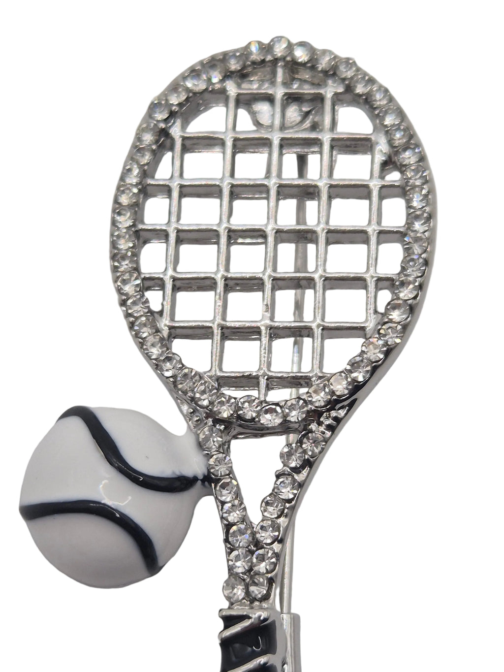 tennis racket and ball  brooch with rhinestone embellishments on a white background
