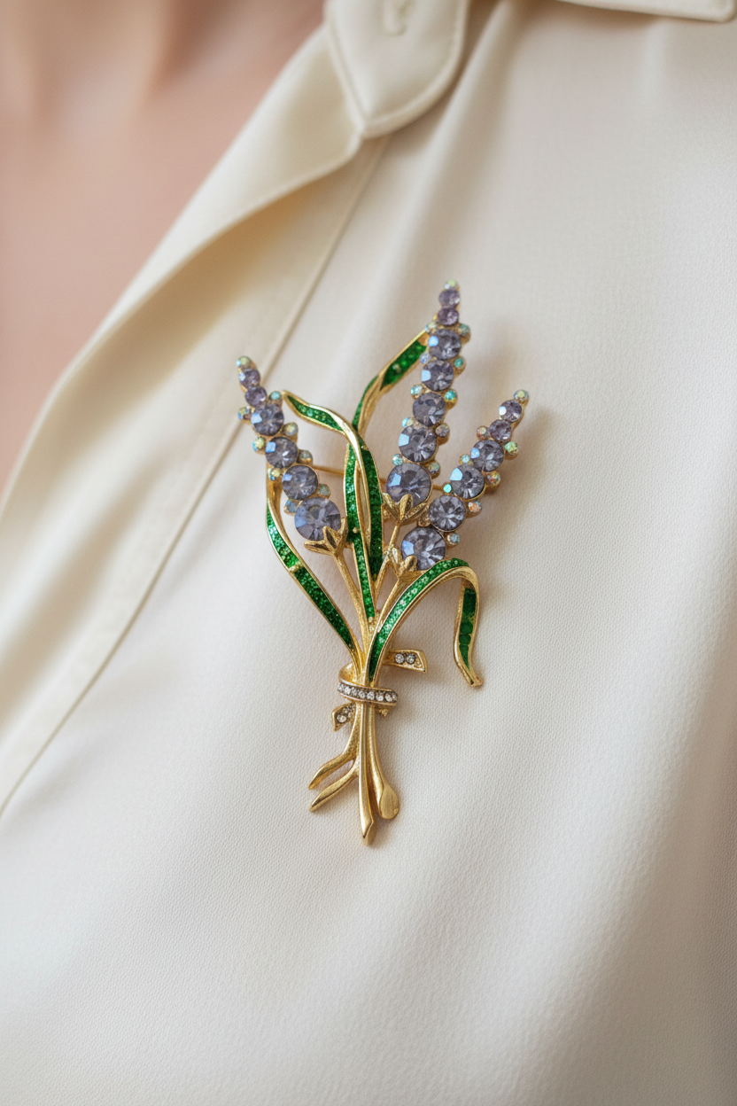 Floral brooch on blouse 