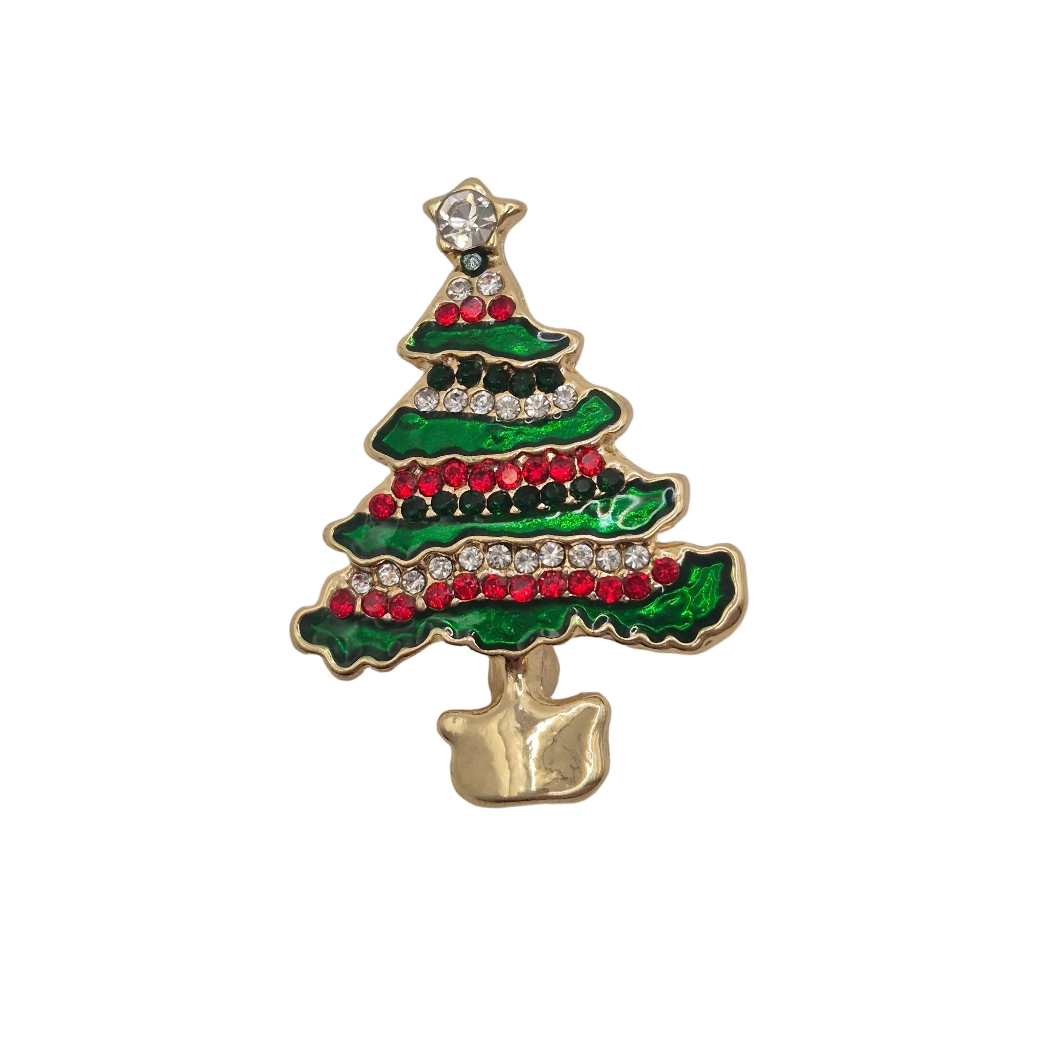 A Christmas tree-shaped brooch with green enamel, red and black striped accents, rhinestone trim, and a gold-tone base, shown on a plain white background.