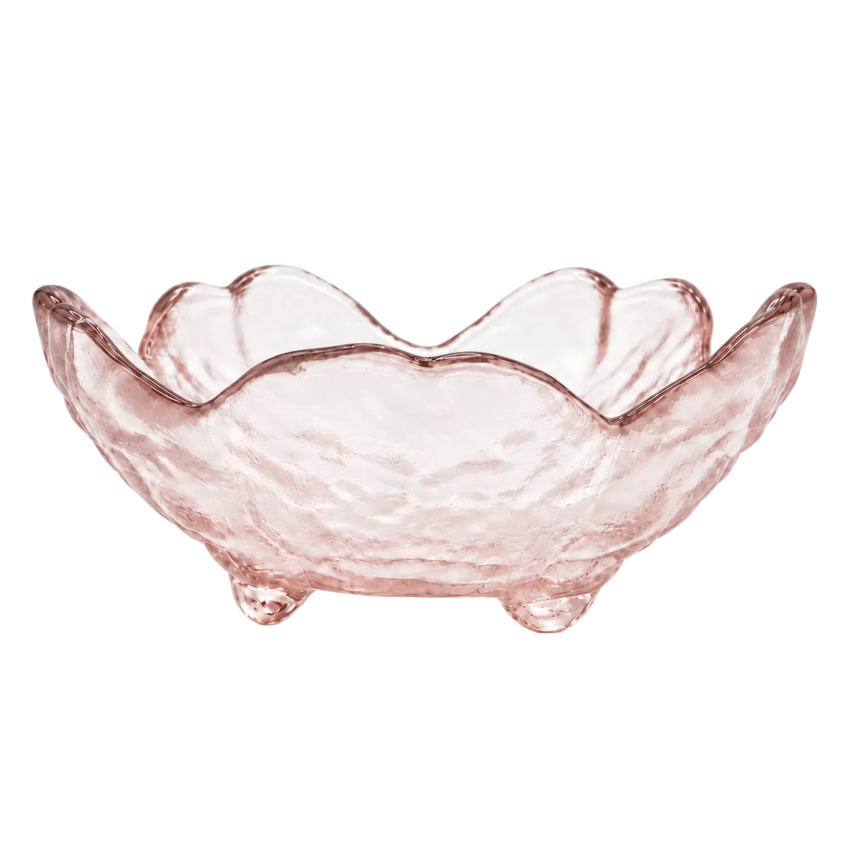 A pink textured glass candle holder with a scalloped rim and small feet, photographed on a clean white background.