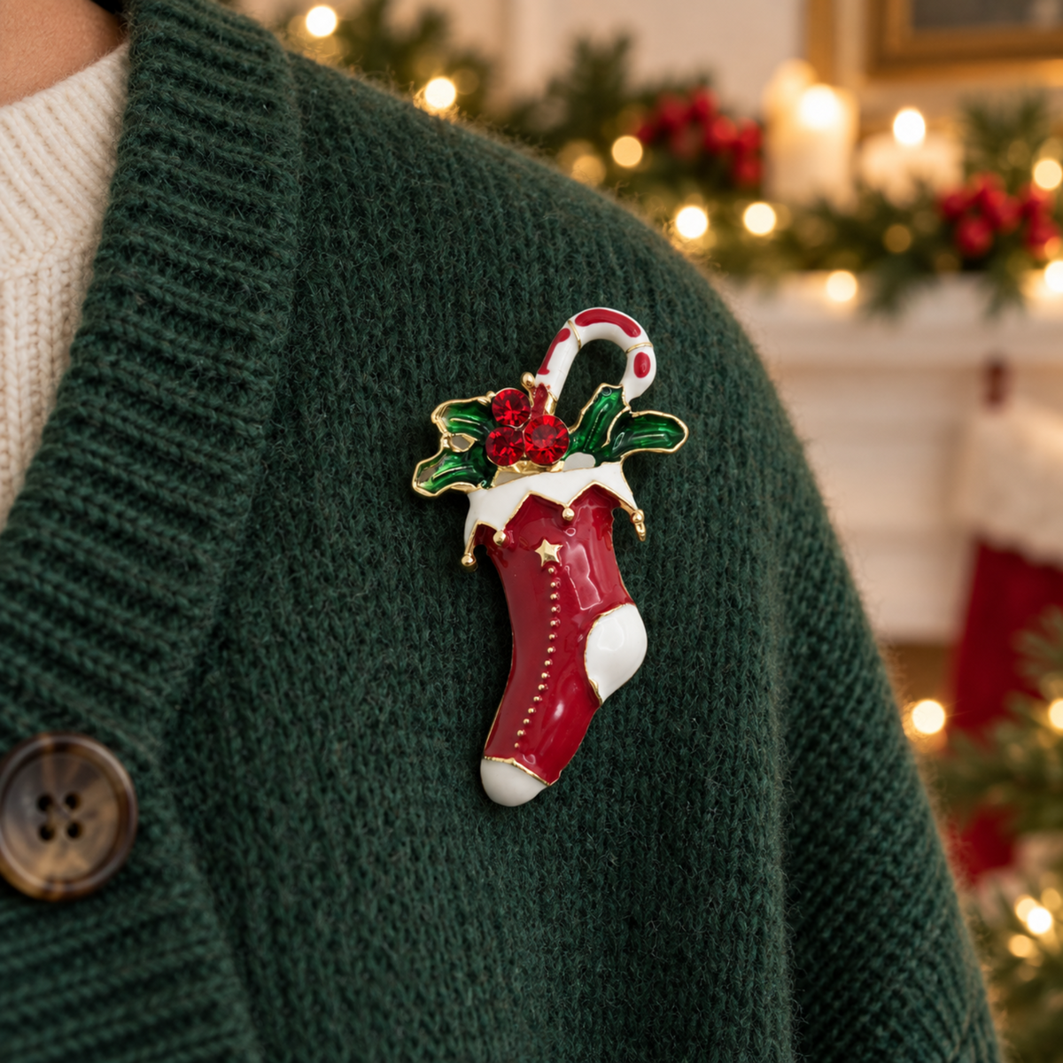A Christmas stocking-shaped enamel pin with red, white, green, and gold details, pinned to a dark green knit cardigan worn by a person in a festive holiday setting.
