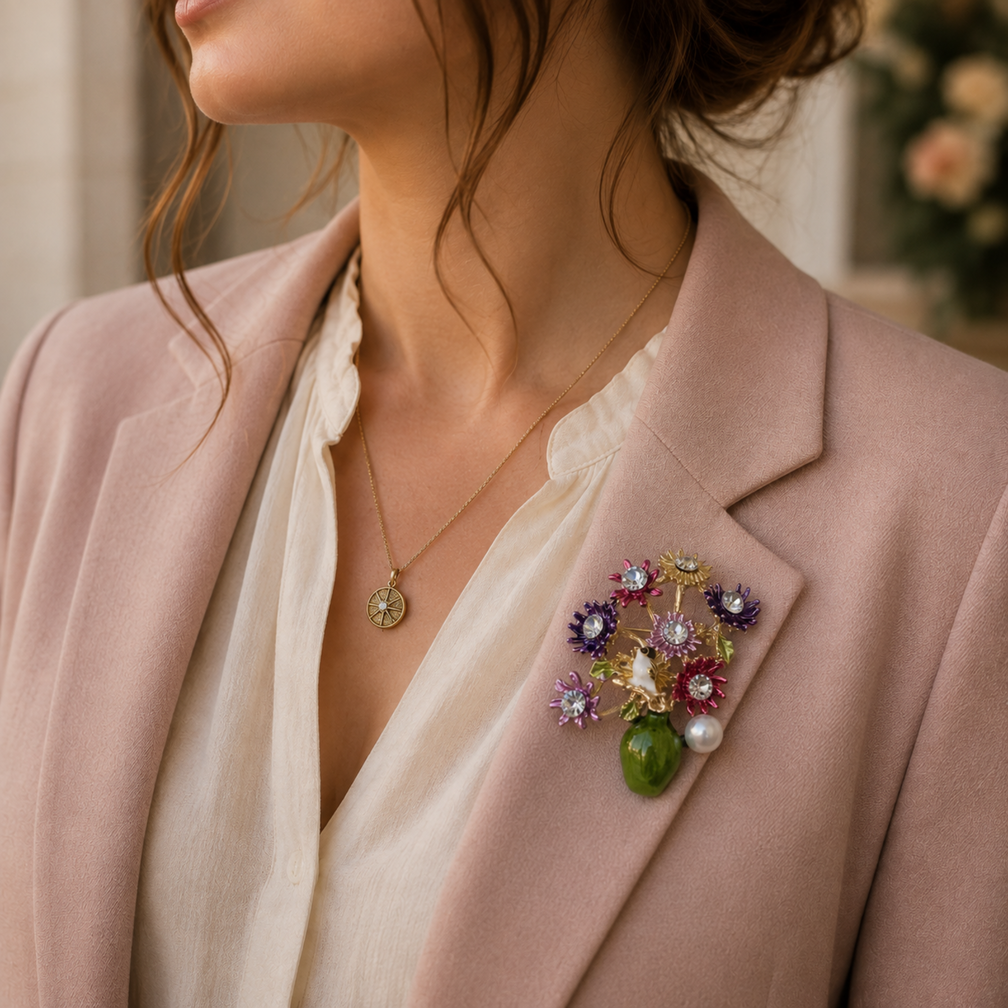 A close-up lifestyle shot of a woman wearing a detailed, multicolored floral brooch on her pink blazer. The brooch features purple, red, green, and white elements with gold-toned metalwork.