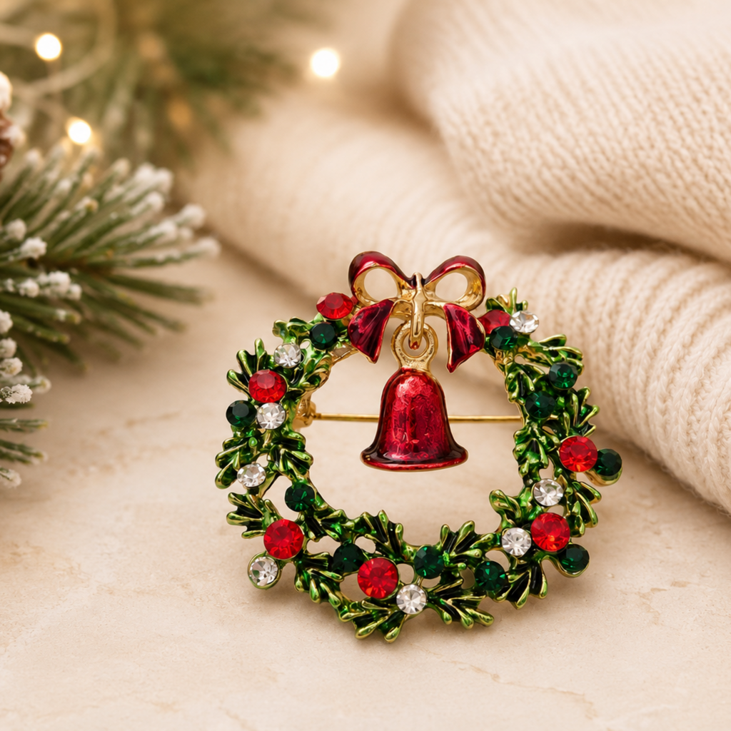 A Christmas wreath brooch with a red bell, green and red enamel leaves, and a red bow, displayed on a textured cream surface with holiday greenery and a knitted blanket in the background.
