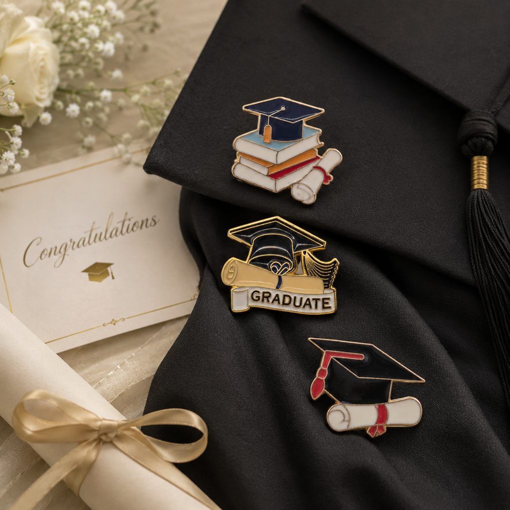 Three graduation-themed enamel pins displayed on a black graduation cap with a tassel, alongside a congratulatory card, rolled diploma, and white flowers.