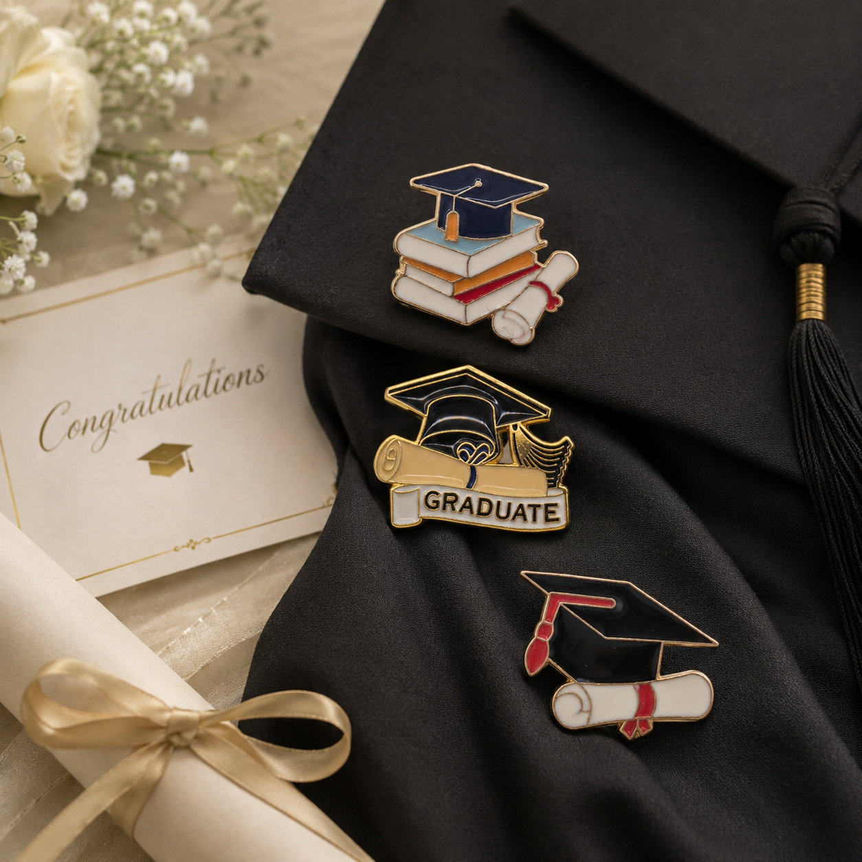 Three graduation-themed enamel pins displayed on a black graduation cap with a tassel, alongside a congratulatory card, rolled diploma, and white flowers.