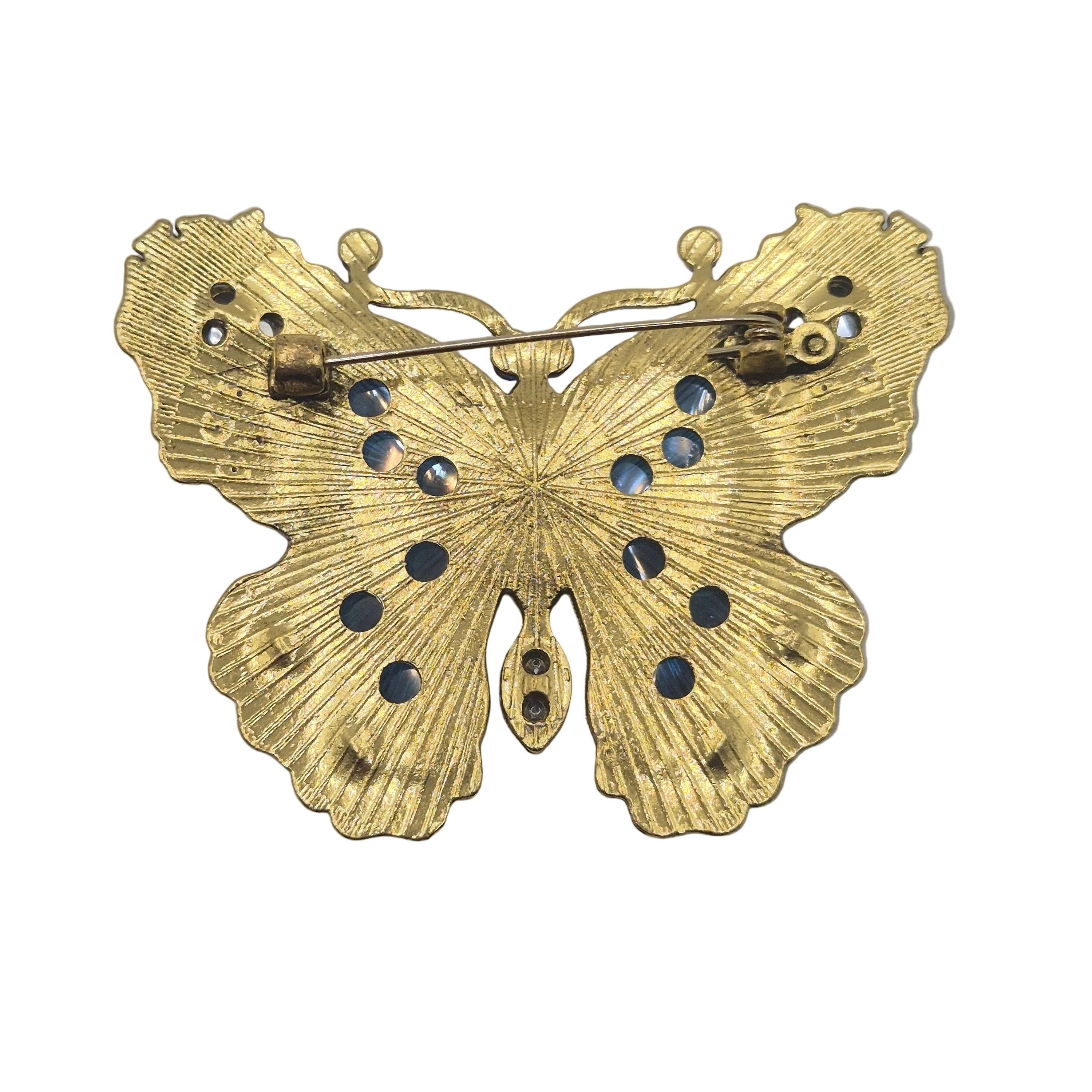 Large blue and gold butterfly brooch with rhinestones reverse side