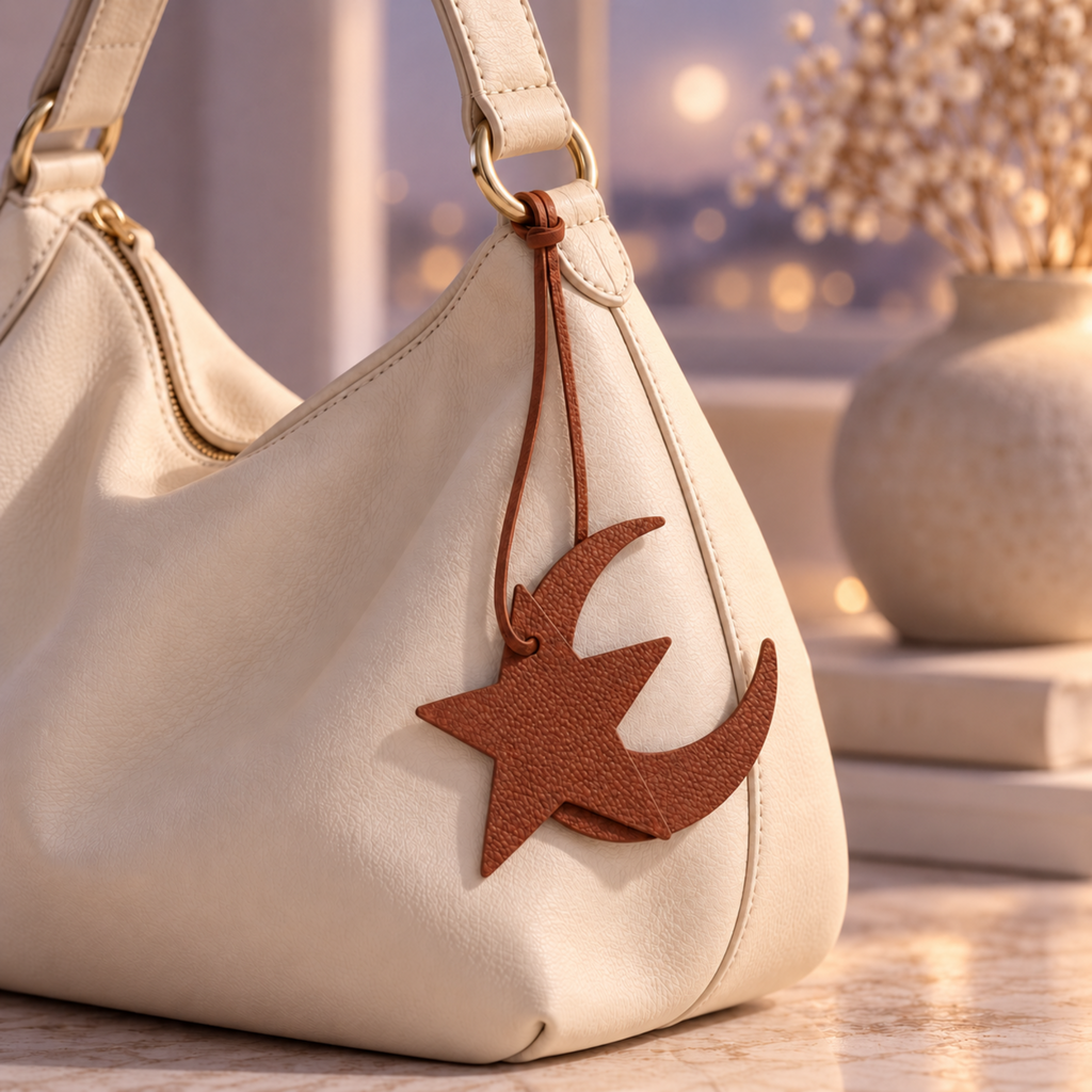 A cream-colored leather shoulder bag with a brown star-shaped hanging charm, shown in a warm, softly lit indoor setting with blurred books and a vase in the background.