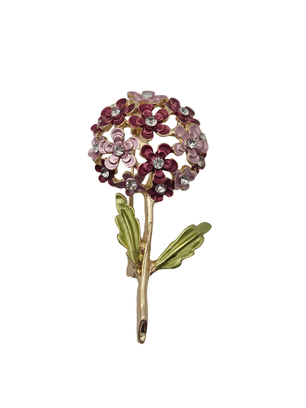 A gold-tone floral brooch featuring a round cluster of pink and burgundy flowers with clear rhinestone centers and two green leaves on a stem, shown against a plain white background.