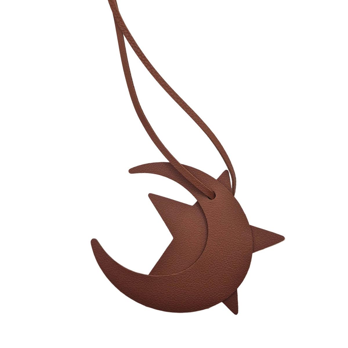 A brown faux-leather crescent moon and star bag charm with a hanging loop, shown against a plain white background.