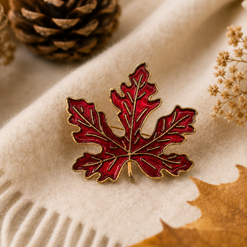 A red maple leaf enamel pin with gold metal trim, styled on a cream-colored knit blanket with a pinecone, dried flowers, and a brown leaf.