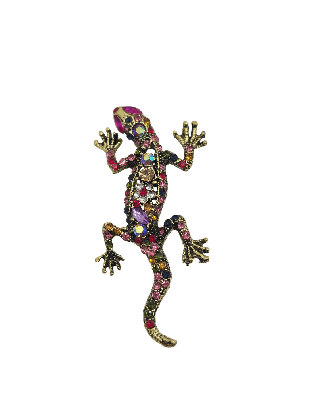 A gecko-shaped brooch embellished with multicolored rhinestones and set in a gold-tone metal, shown against a plain white background.