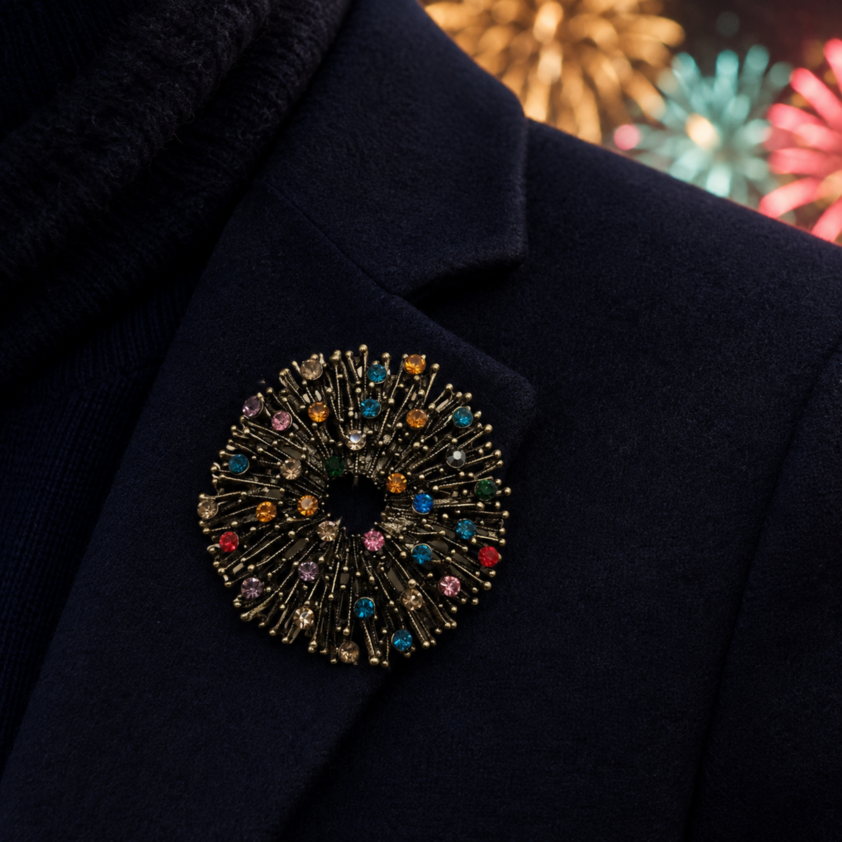 A circular antique gold tone firework brooch with colourful gemstones, pinned to the lapel of a dark navy wool coat.