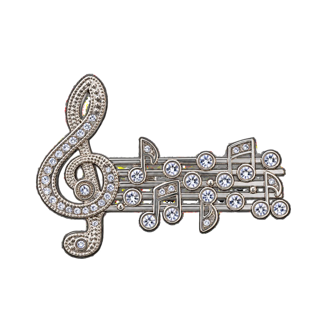A silver-tone music note and staff brooch embellished with clear rhinestones, set against a plain white background.