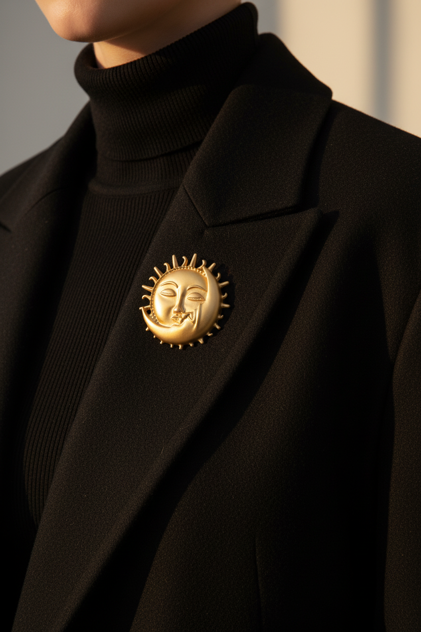 Moon sun brooch on blazer 