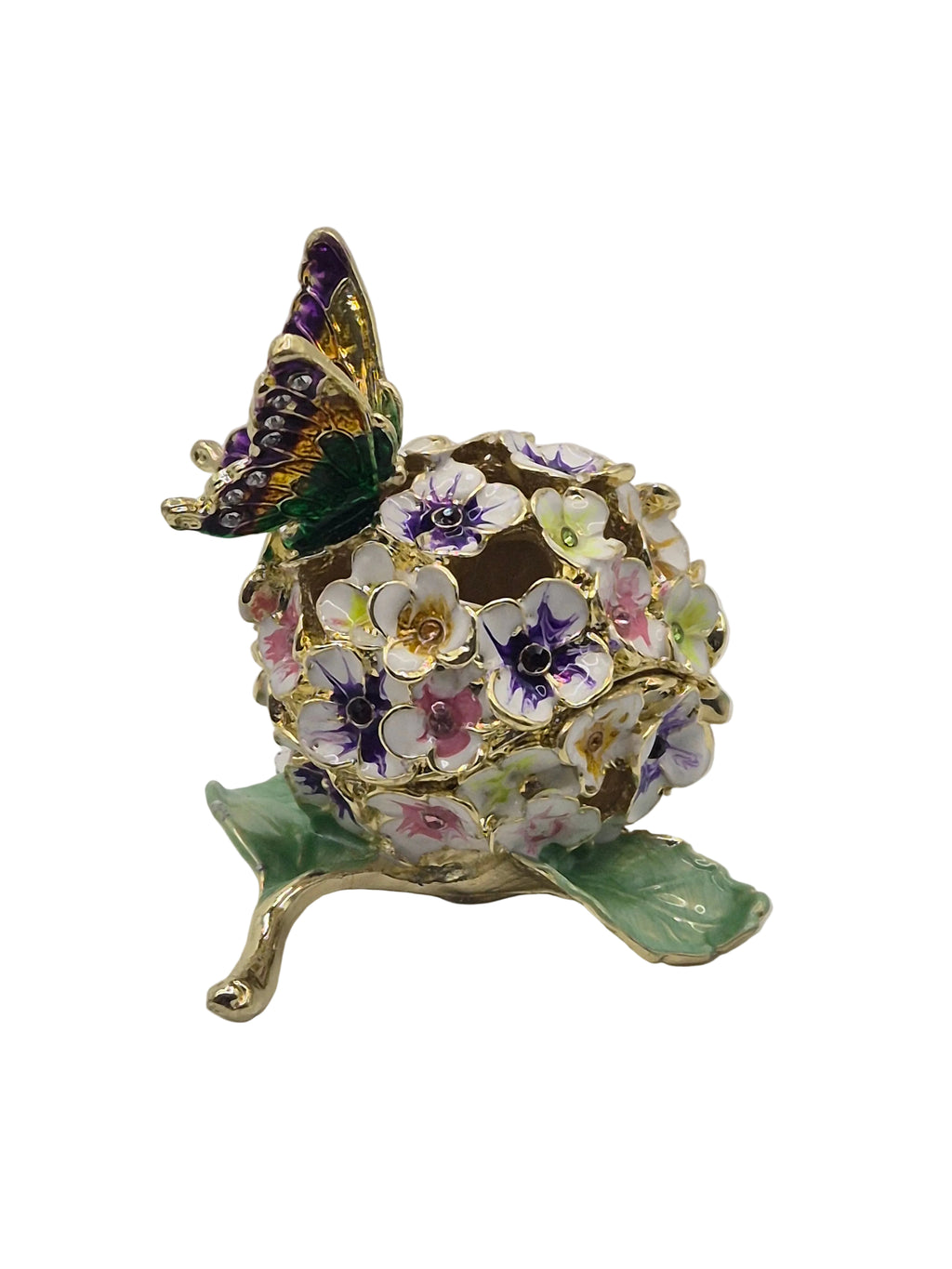 hydrangea flower and butterfly trinket pot on white