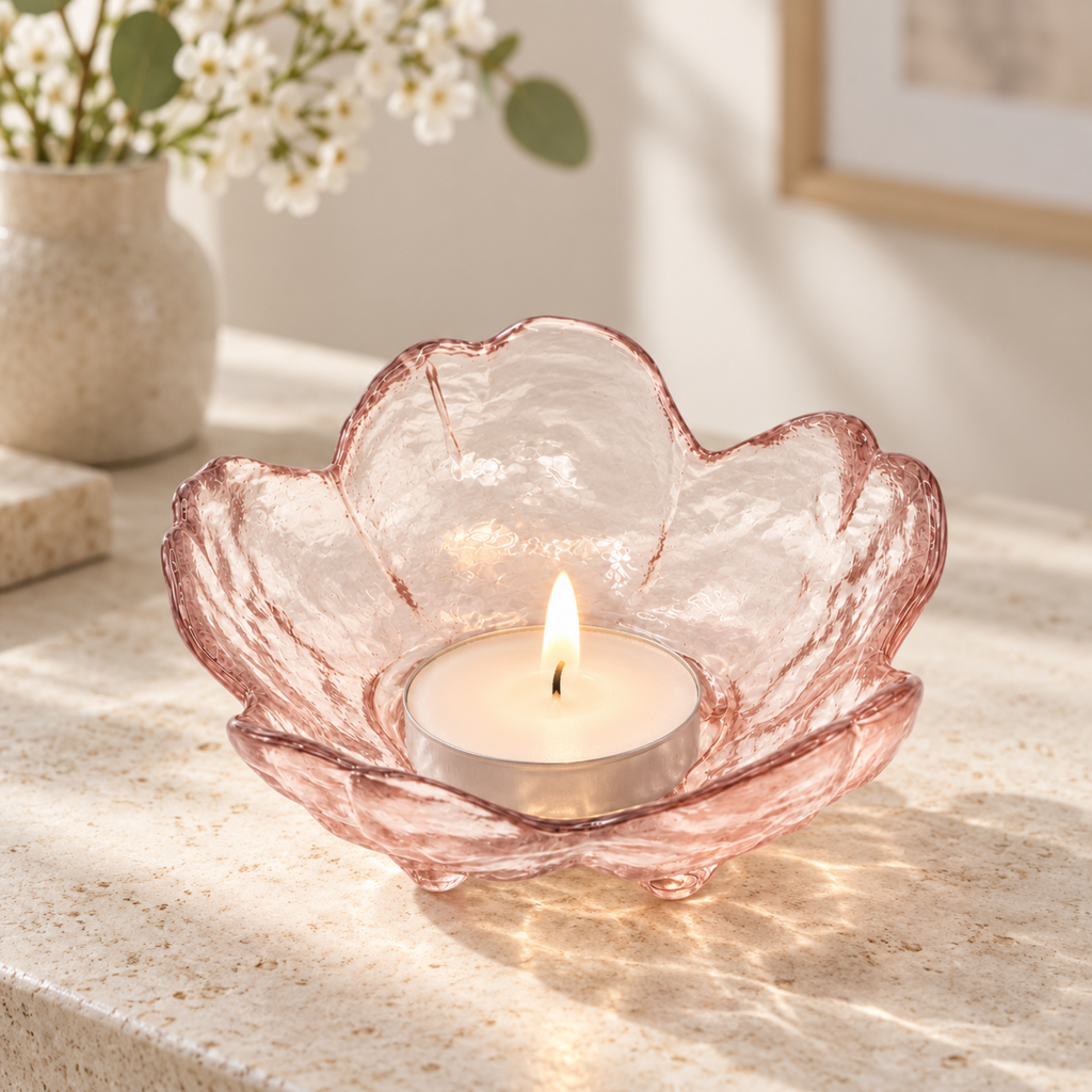 A pink translucent glass flower-shaped candle holder containing a lit tealight candle, placed on a sunlit stone surface with a blurred vase of white flowers in the background.
