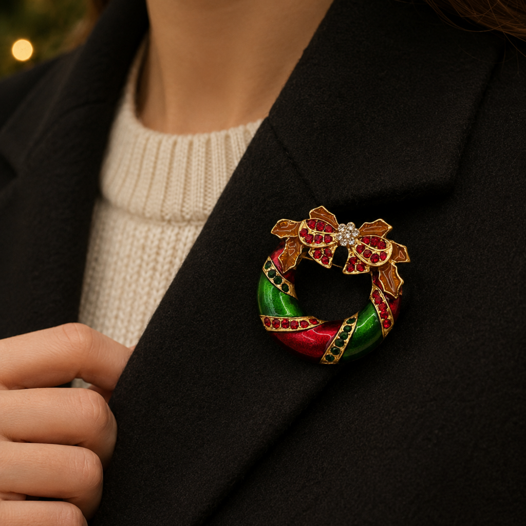 Red and green Christmas wreath brooch with gold detailing and sparkling rhinestones, worn on the lapel of a black coat over a cream knitted jumper.
