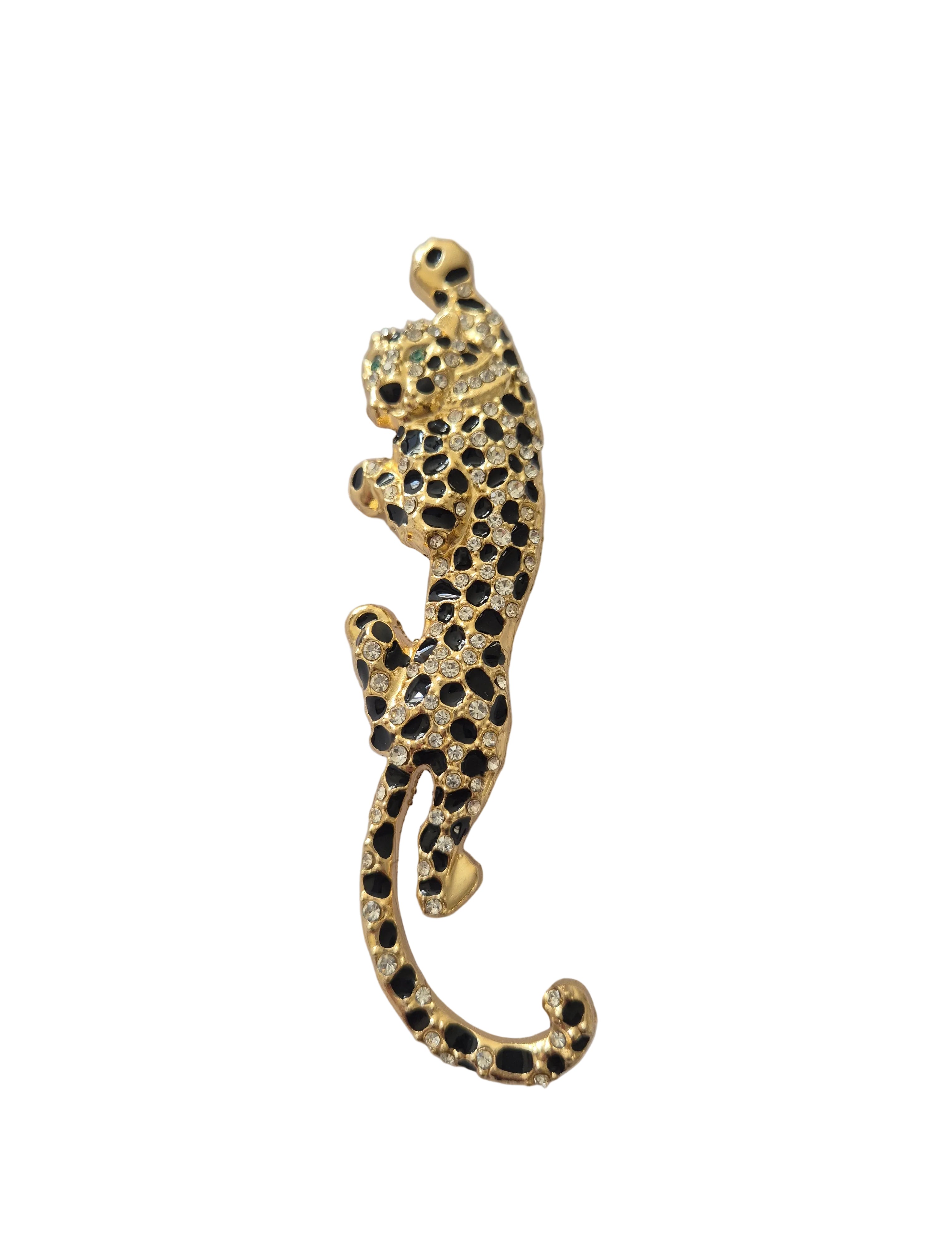 Large Rhinestone Leopard Brooch Gold Tone Crystal Statement Pin