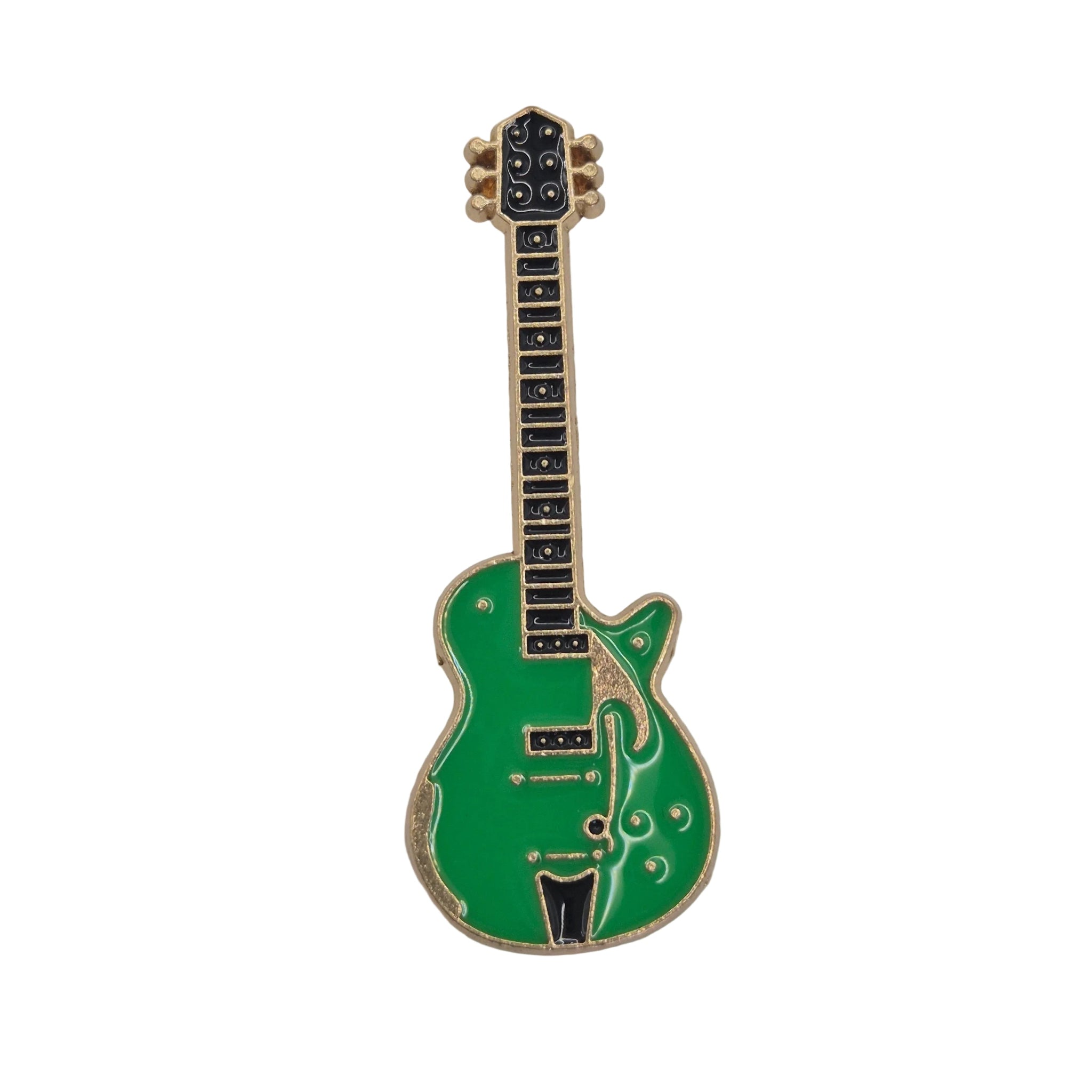 A green electric guitar enamel pin with gold-tone metal outlines and black details, displayed against a plain white background.