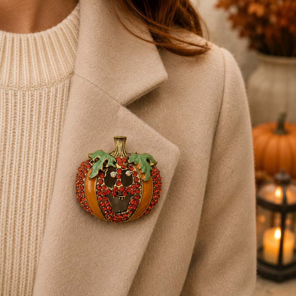 A close-up lifestyle shot of a woman wearing a beige coat and cream knit sweater, featuring a decorative pumpkin-shaped brooch pinned to her coat. The brooch is detailed with red rhinestones, green leaves, and a gold-toned stem.